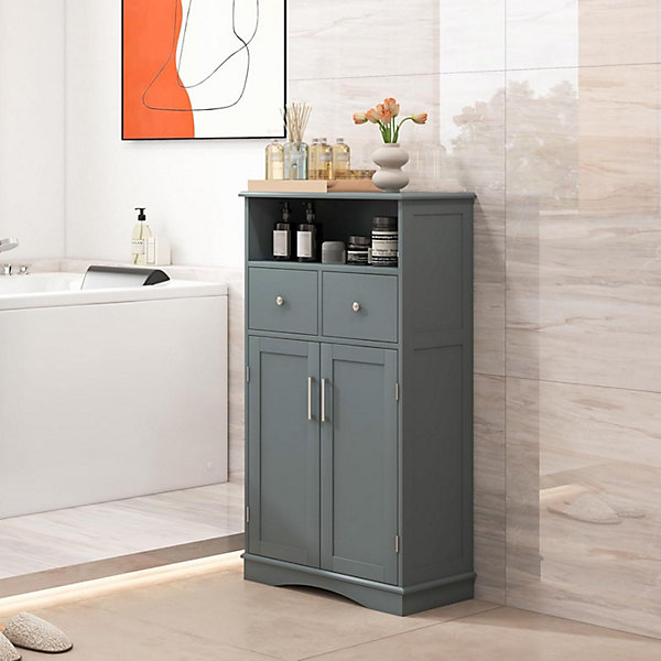 Armoire WC avec Etagere Reglable Meuble de Rangement pour Salle de Bain avec 2 Tiroirs et 2 Portes 60X30X107CM Gris