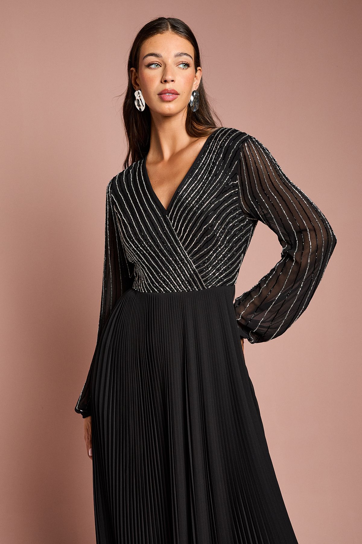 Coast Embellished Wrap Bodice Midi Dress With Pleated Skirt