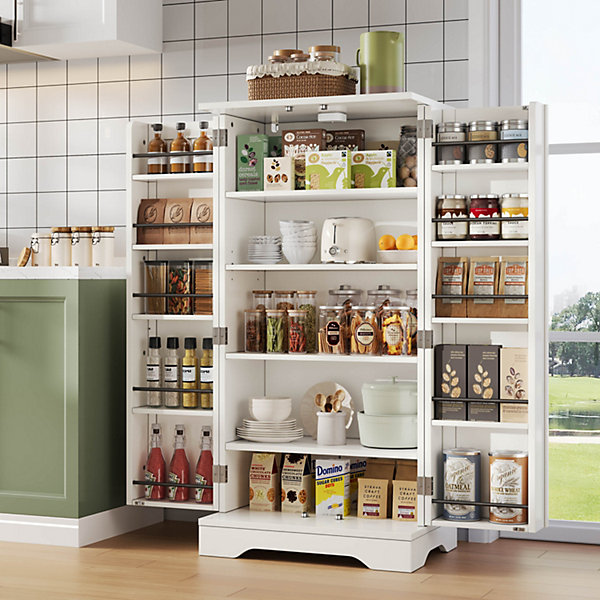 Armoire de cuisine 120 cm en MDF blanc avec LED et étagère réglable