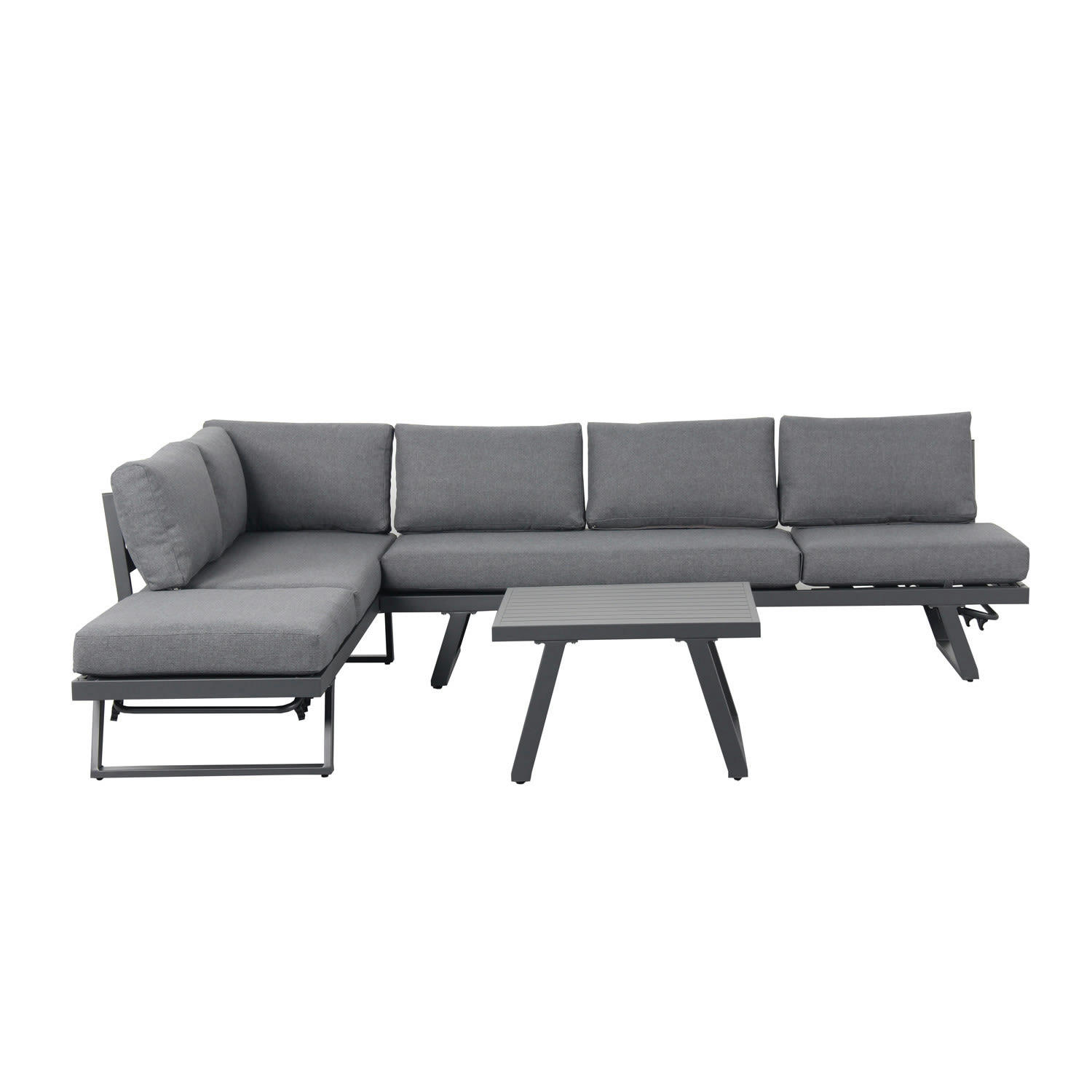 HELIOS - Salon de jardin 6 personnes modulable en aluminium anthracite et gris.