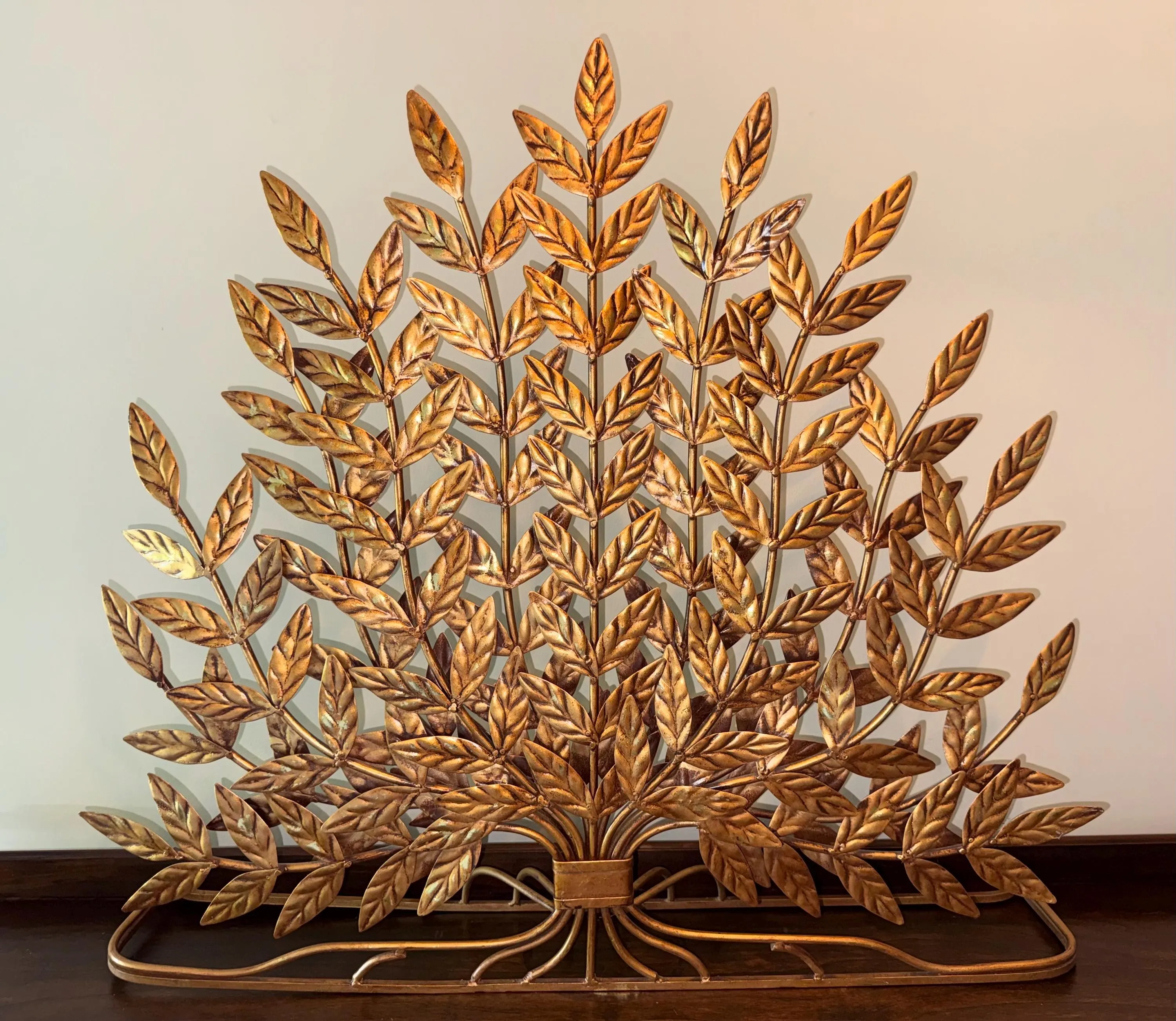 Vintage Hollywood Regency Style Gilt Metal Fireplace Screen | Bronze/Gold Tone Leaf Tree of Life