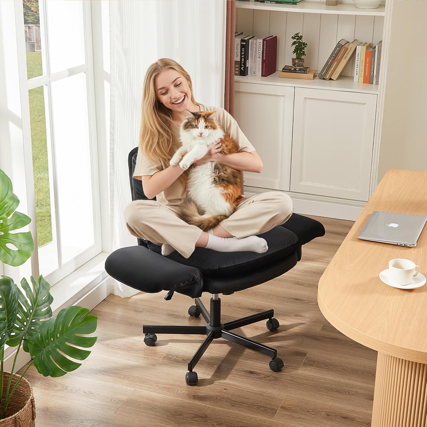 Bestier Criss Cross Office Chair with Flip-Up Armrests, Swivel Makeup Vanity Chair with Wheels & Side Pockets, Cross Legged Office Chair for Home Office, Bedroom, Black Velvet
