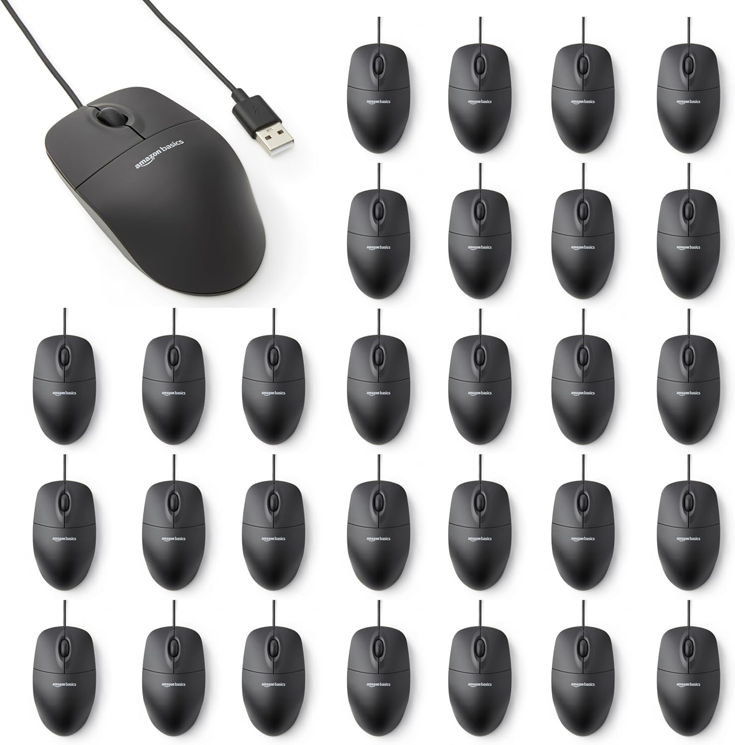 Amazon Basics 3-Button USB Wired Computer Mouse, Black, 30-Pack