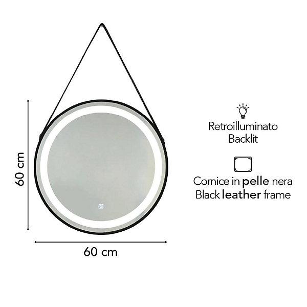 Miroir Led Rétroéclairé Rond Avec Système Tactile Et Lacet En éco-Cuir Noir 60Cm
