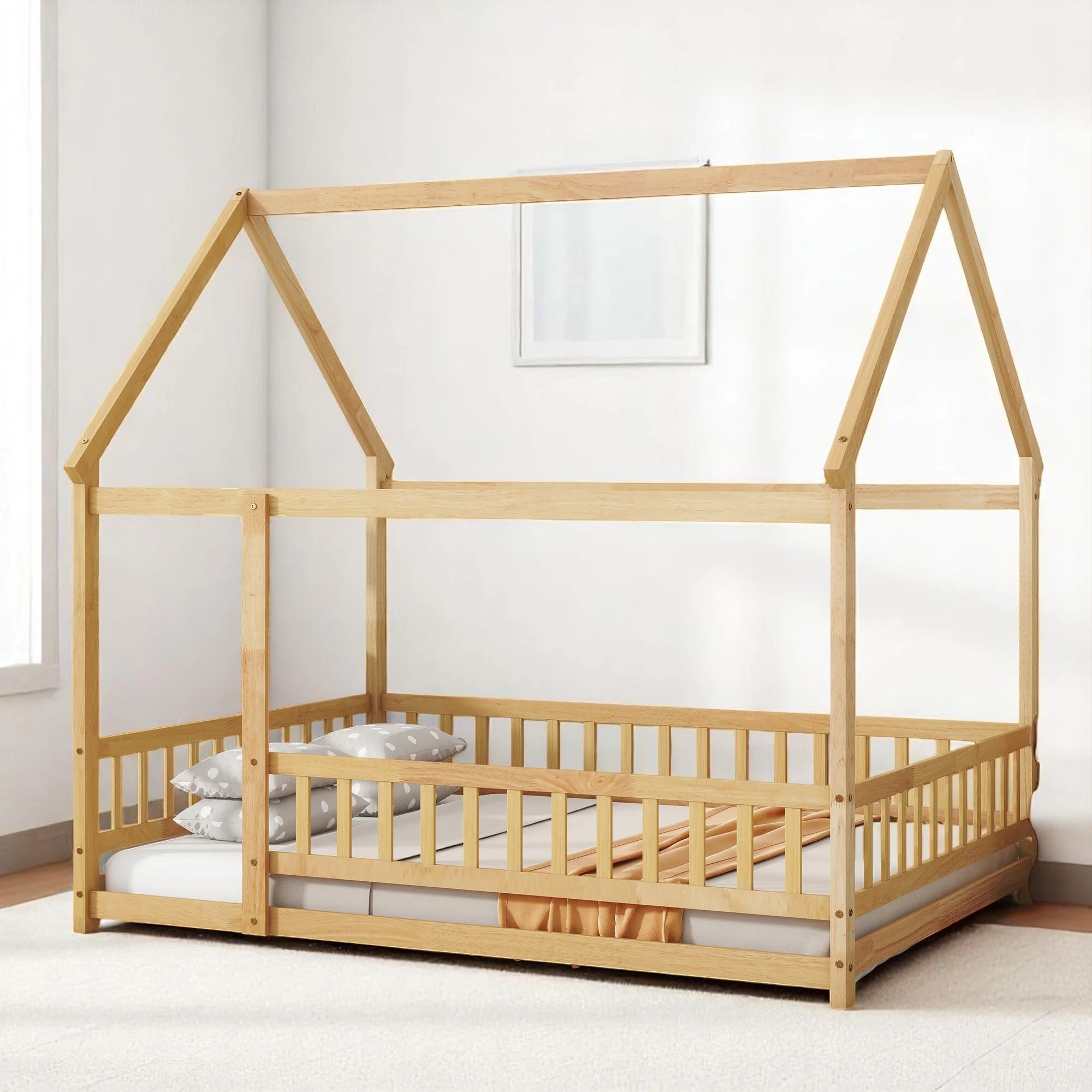 Twin / Full Size Wooden House Bed with Fence and Roof bed Frame, Montessori Style Floor Bed for Kids