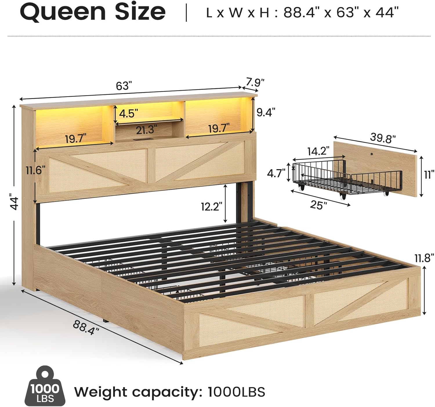 AOGLLATI Queen Bed Frame with 4 Storage Drawers and Natural Rattan 2-Tier Bookcase Hidden Headboard, Boho Led Bed Frame Queen Size with Charging Station, No Box Spring Needed, Wood
