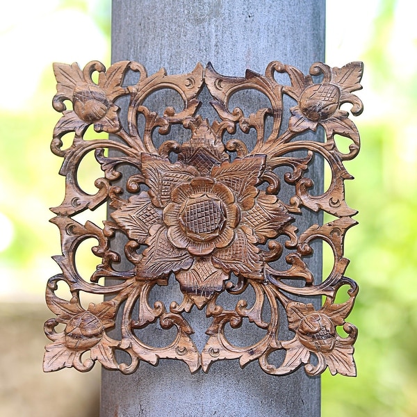 Novica Handmade Floating Lotus Wood Relief Panel