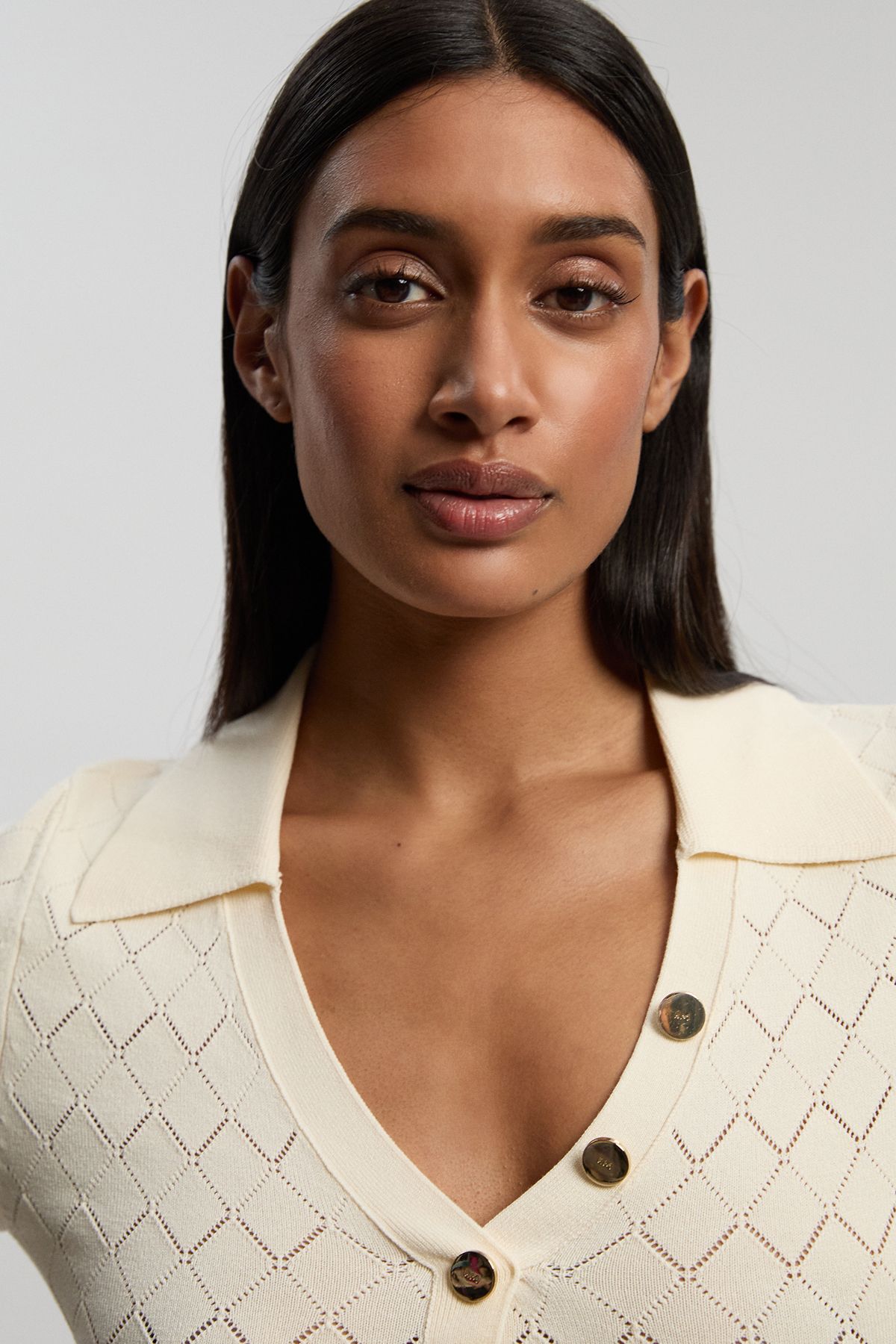 KarenMillen Knit Stitch Detail Rib Collared Short Sleeve Midi Dress