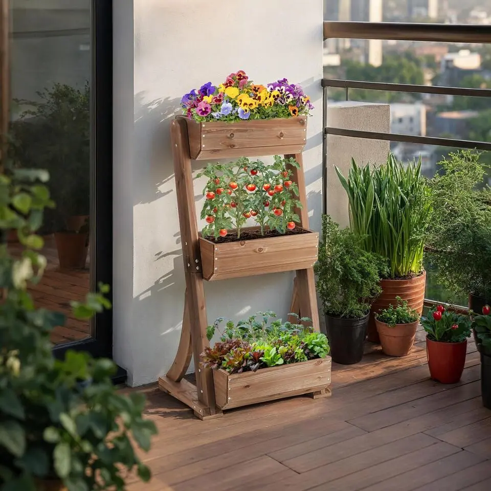 tectake Plantenbak Flora, gelakt hout, met plantenfolie, Bruin