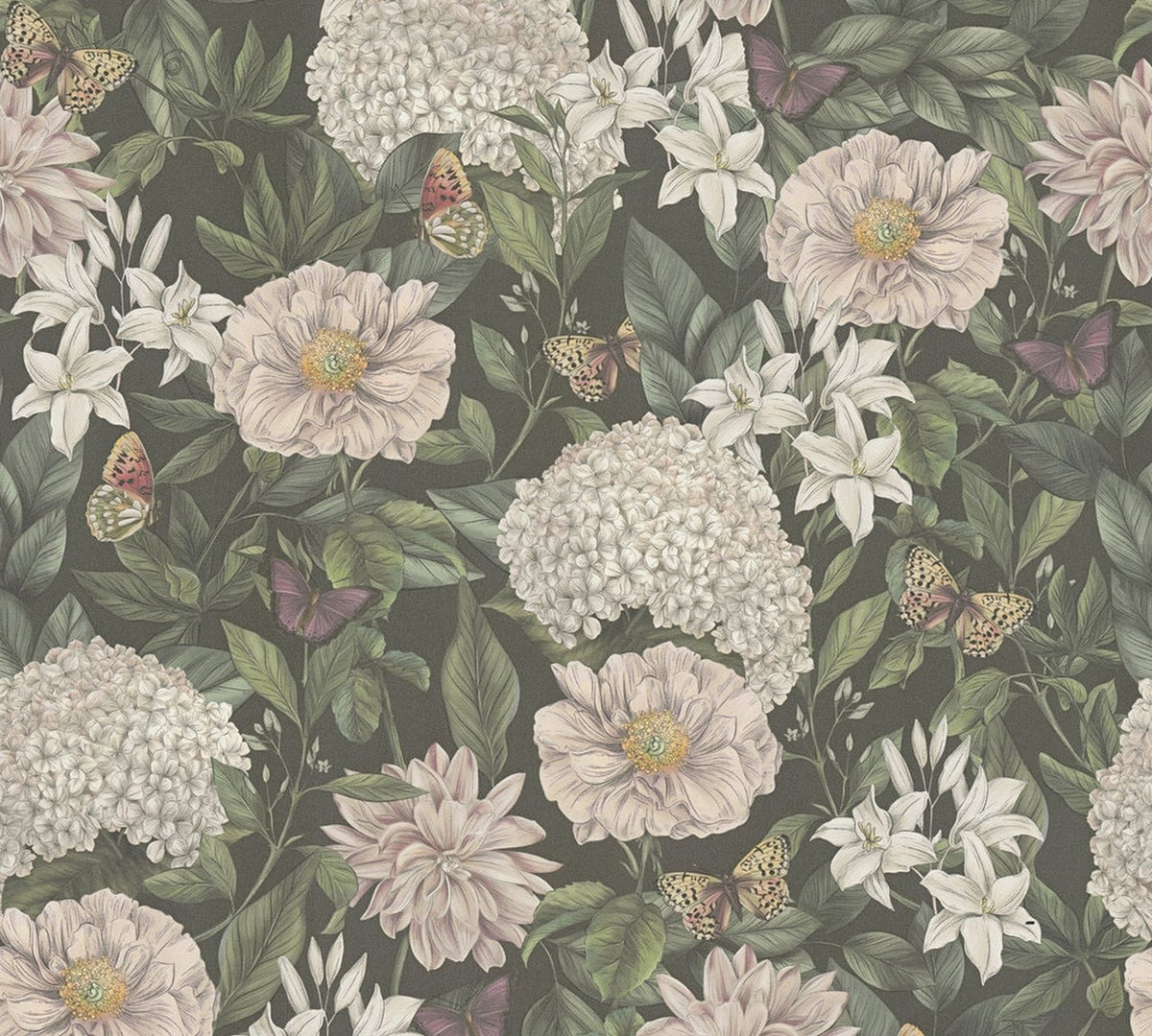 Livingwalls behang bloemen zwart, donkergroen, wit, roze en geel - 53 cm x 10.05 m - AS-394261