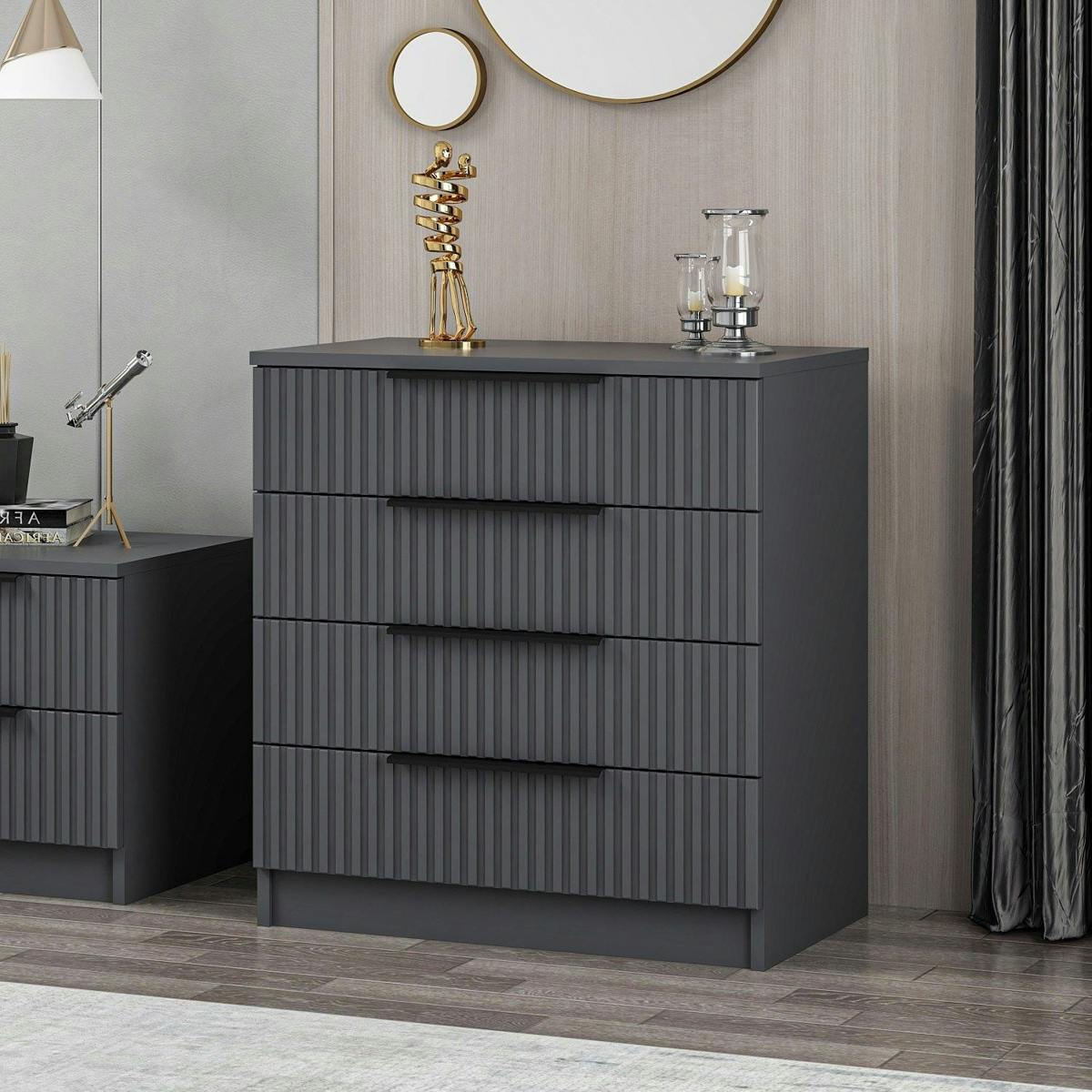 Commode chambre 4 tiroirs, façade grise rainurée BYRON
