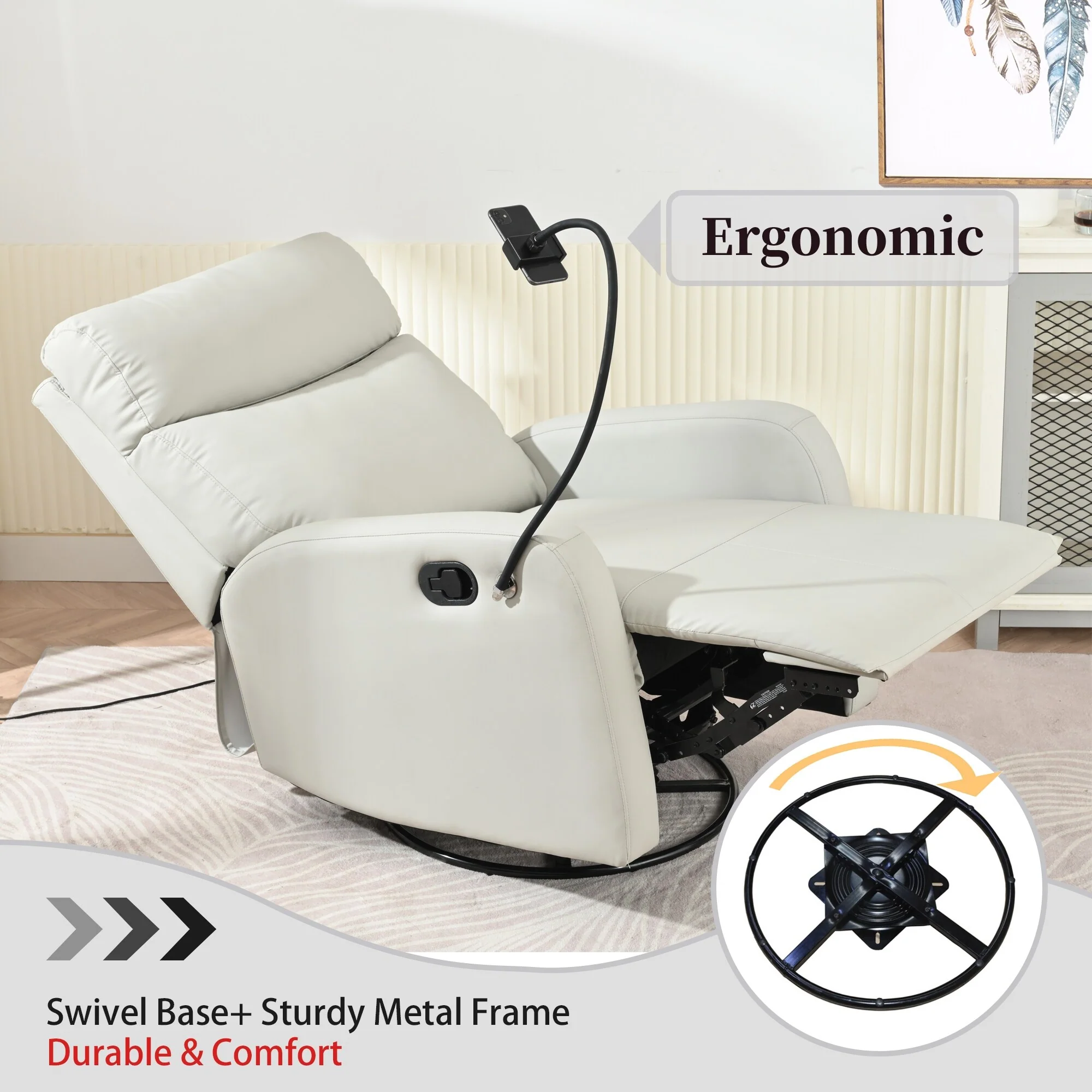 Grey 360° Swivel Rocking Recliner with Adjustable Footrest, Padded Comfort, and Phone Holder