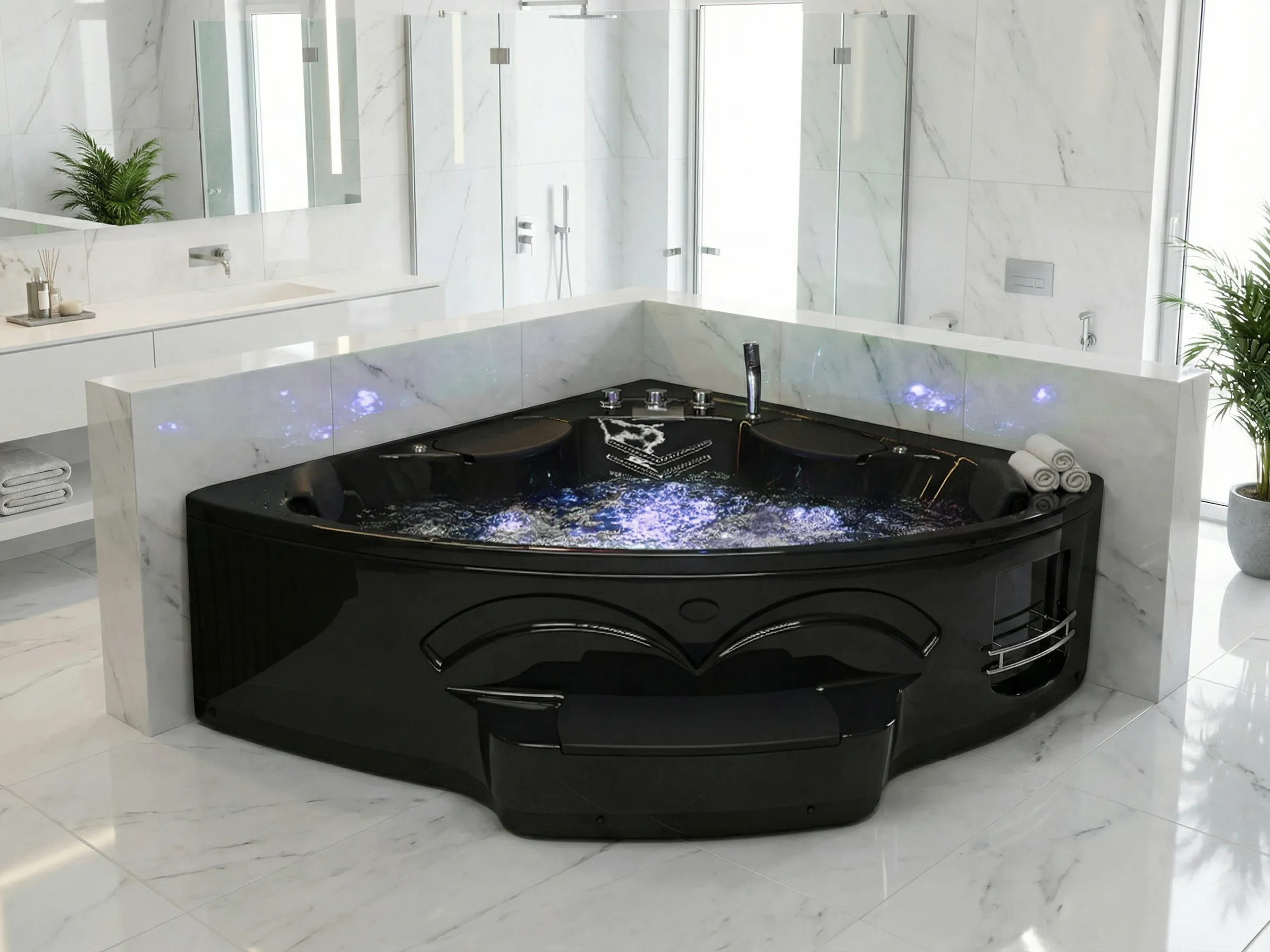 Corner Hot Tub with LED CUYABENO 2110 x 1500 mm Black