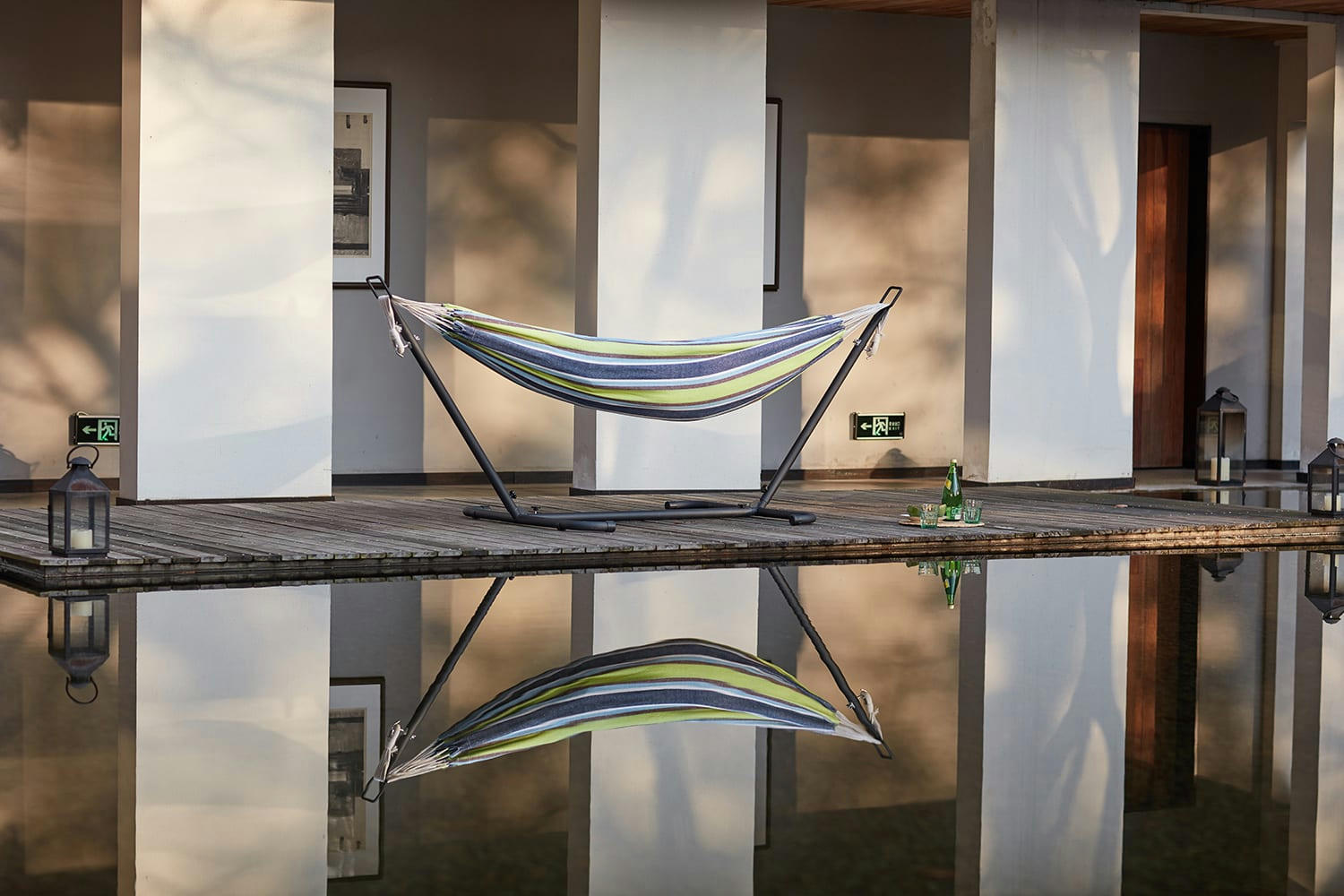 COPACABANA - Hamac sur pied 2,6 m avec toile en polyester bleu et vert