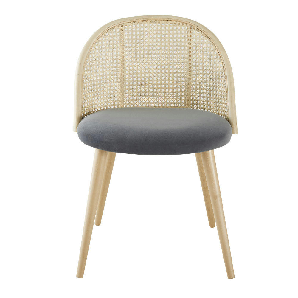 Mauricette - Chaise vintage gris anthracite cannage en rotin et bouleau massif