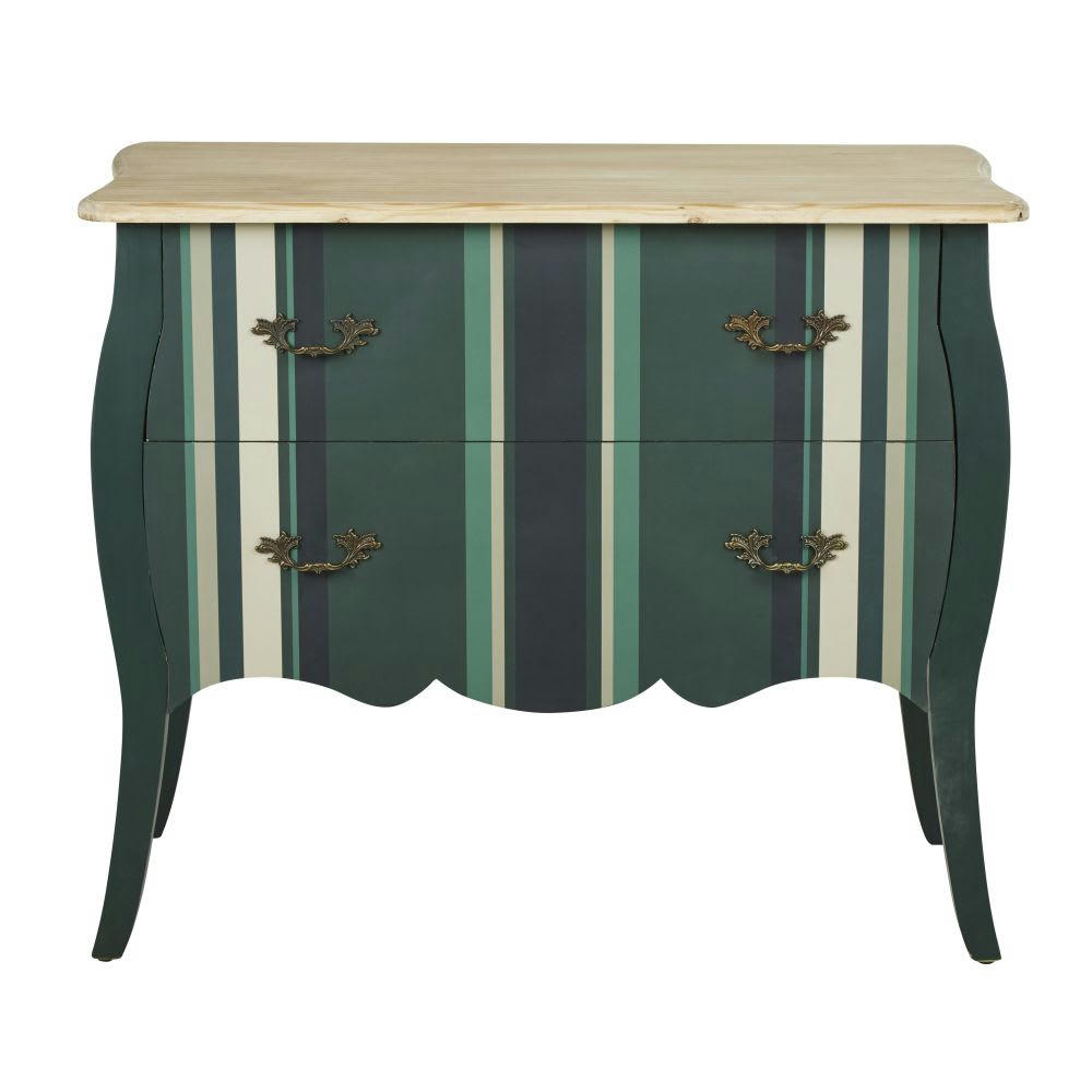 Anzolo - Commode 2 tiroirs en bois bleu vert, imprimé lignes verticales 96x80