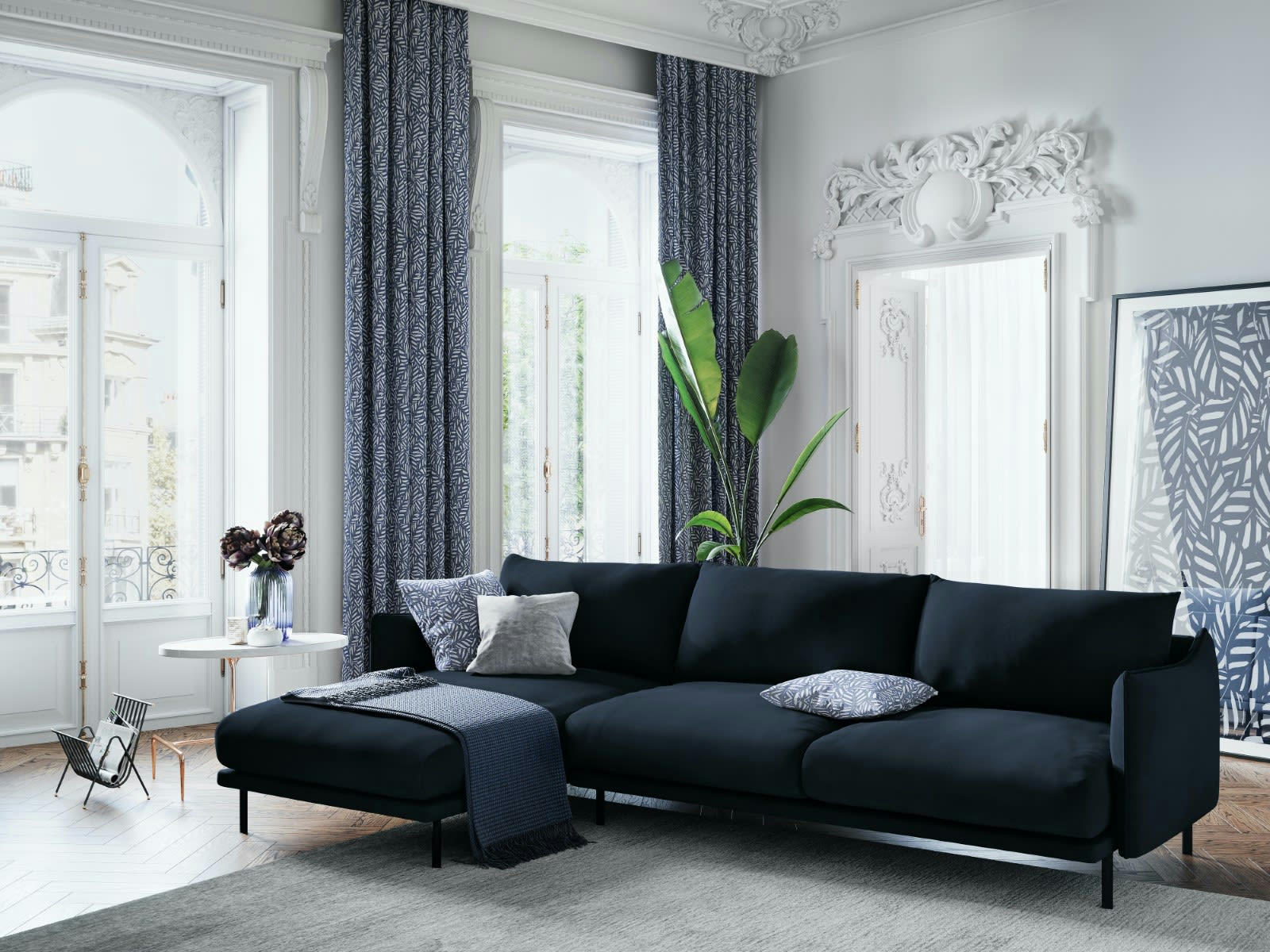 PARIS - Canapé D'Angle Gauche 5 places en Velours Bleu Foncé