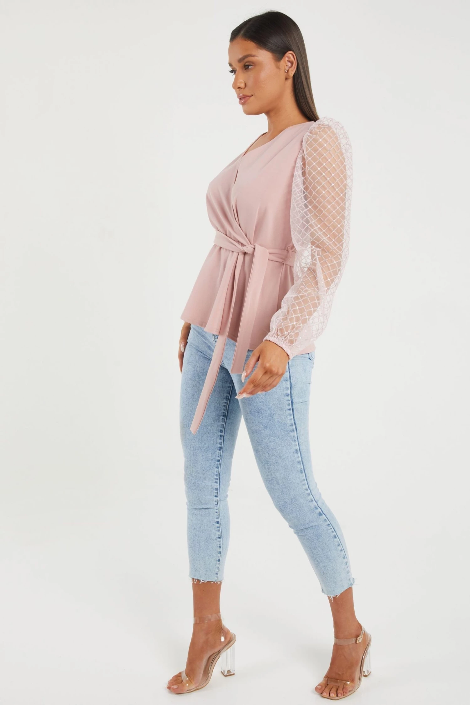 Quiz Pink Mesh Wrap Peplum Top