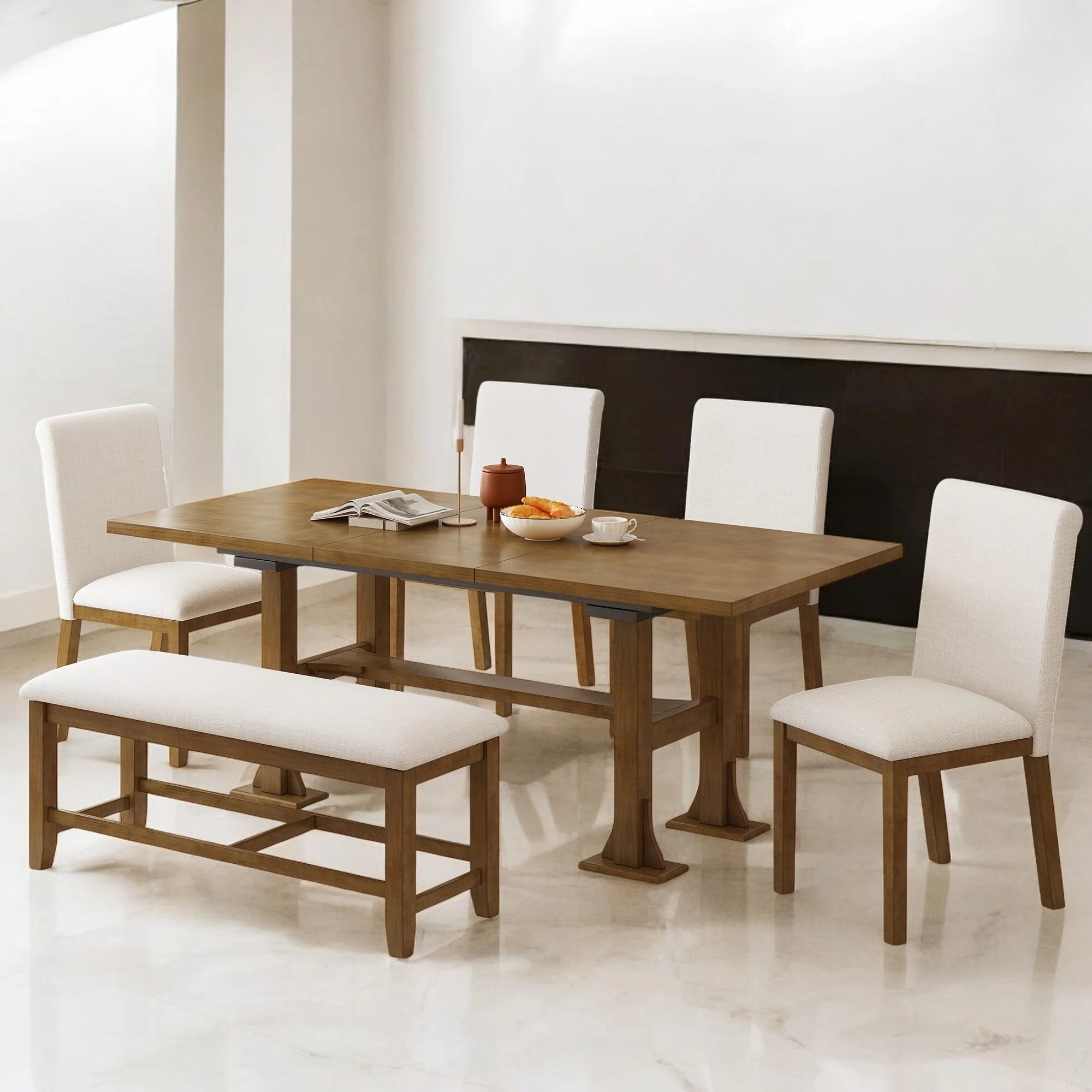 Farmhouse 76 6-Piece Extendable Dining Table Set with Removable Leaf, Upholstered Chairs & Bench for Dining Room and Kitchen