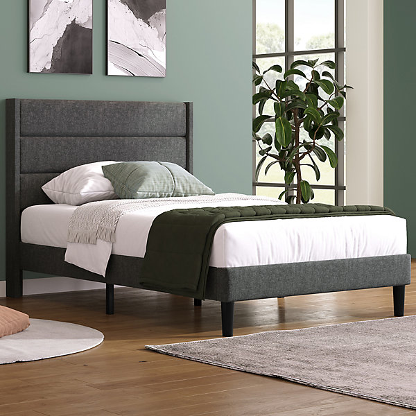 Lit enfant 90 x 200 cm, lit simple capitonné, avec sommier à lattes, design moderne, tissu en lin, matelas non inclus, gris
