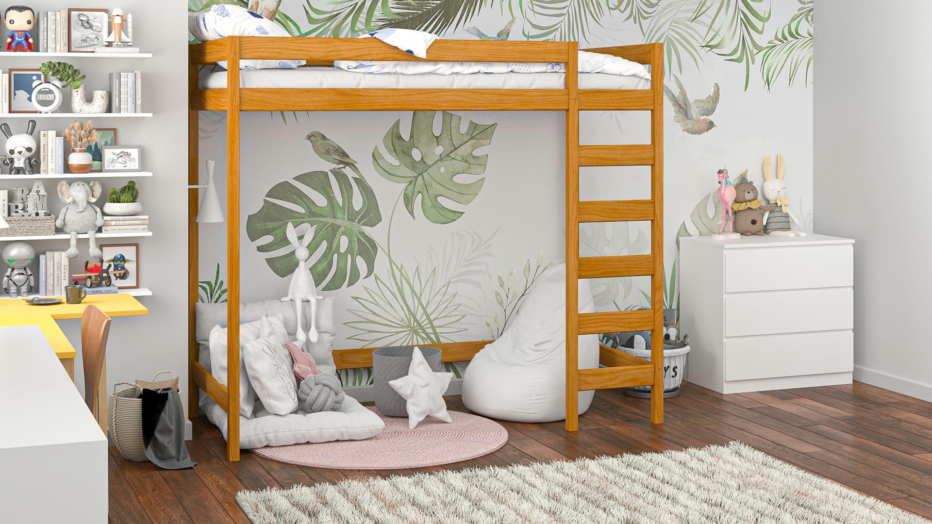 - Lit mezzanine en pin massif 180x80 couleur teck