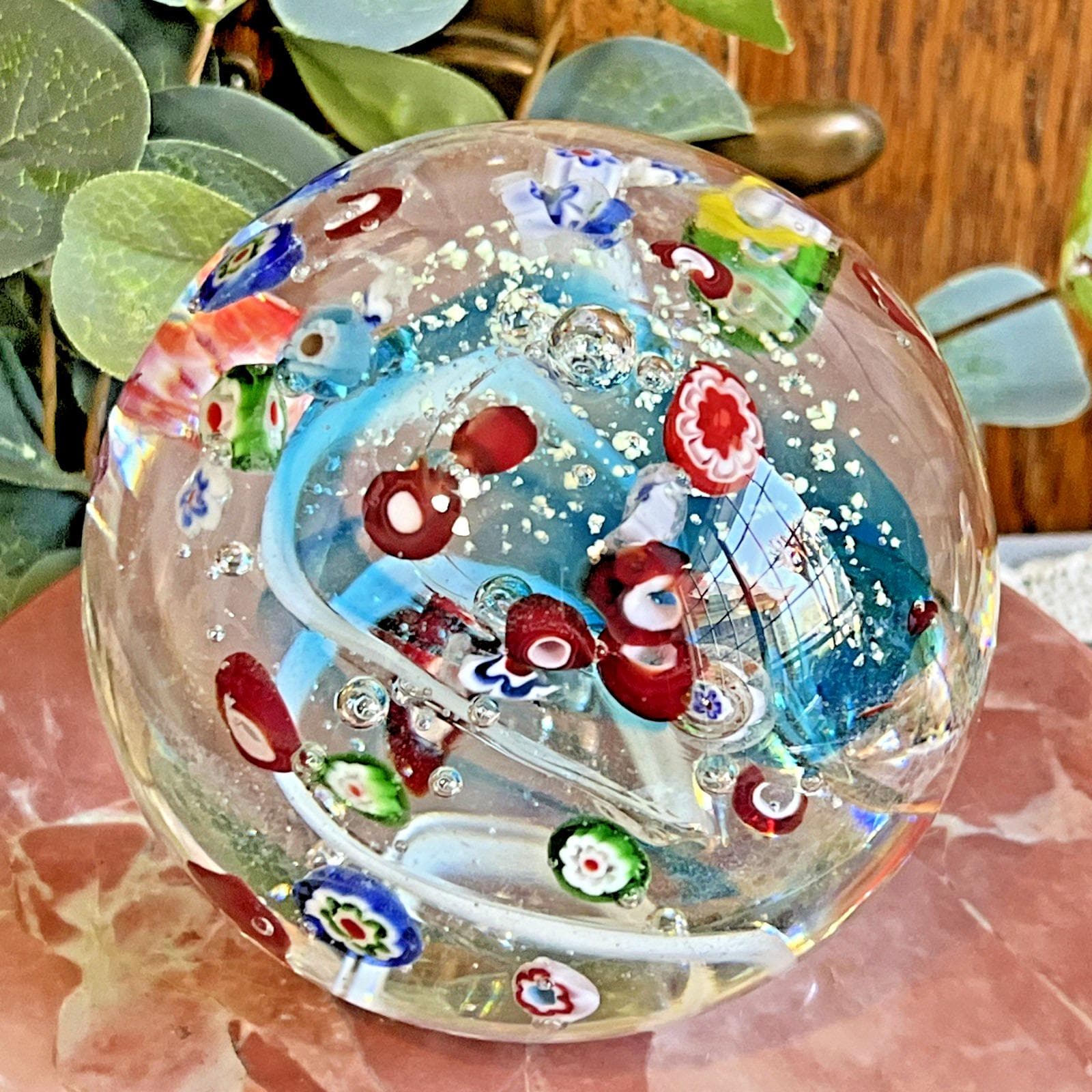 VTG Handblown Glass Floral Paperweight w/ Millefiori and Blue Center 4