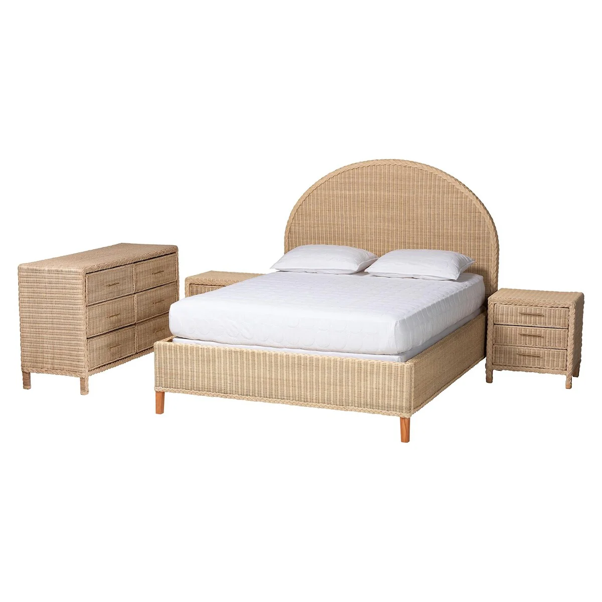 Lanica Japandi Sun-Bleached Braided Rattan Queen Size 4-Piece Bedroom Set