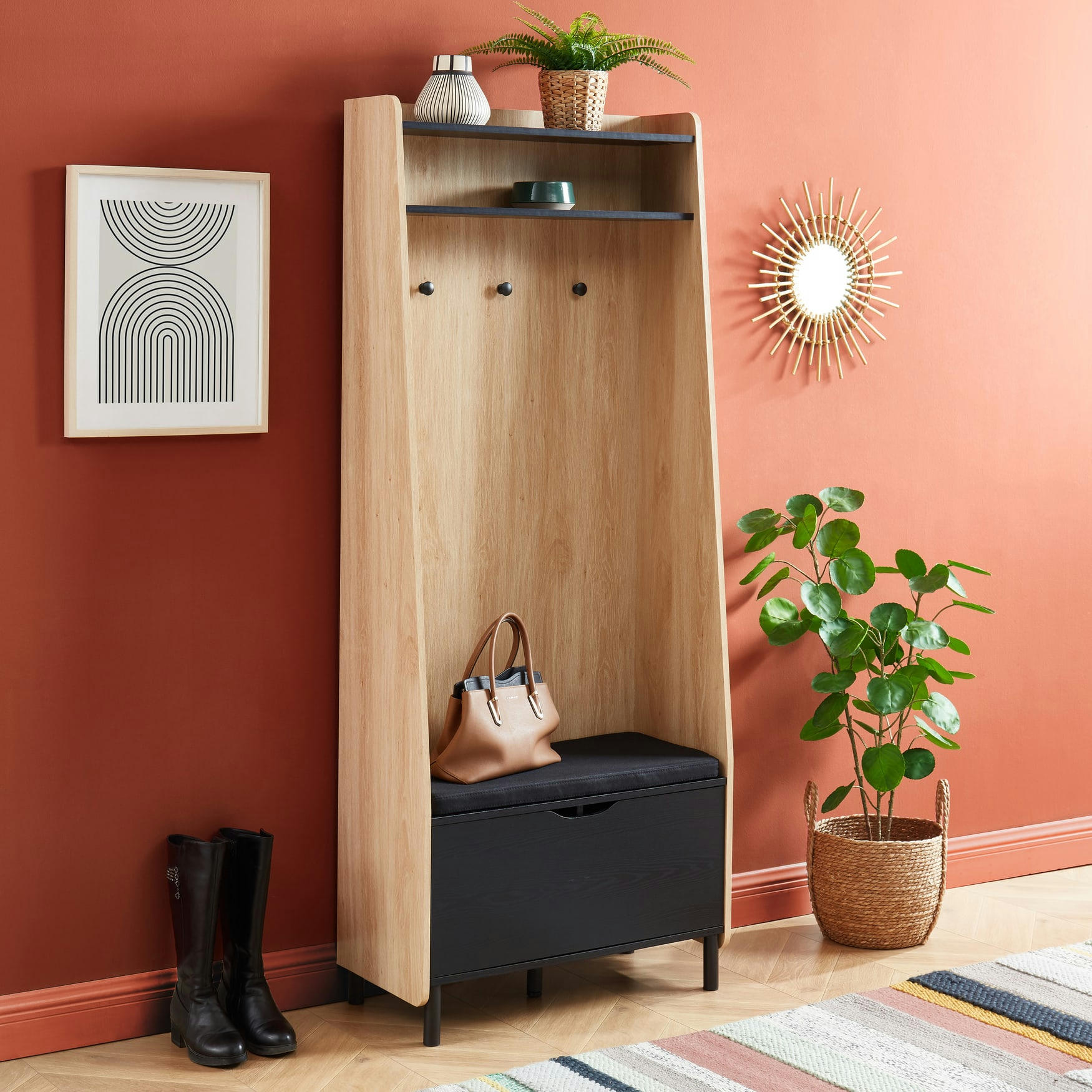 JAPENDI - Vestiaire d'entrée   effet chêne et gris h185cm bois et gris