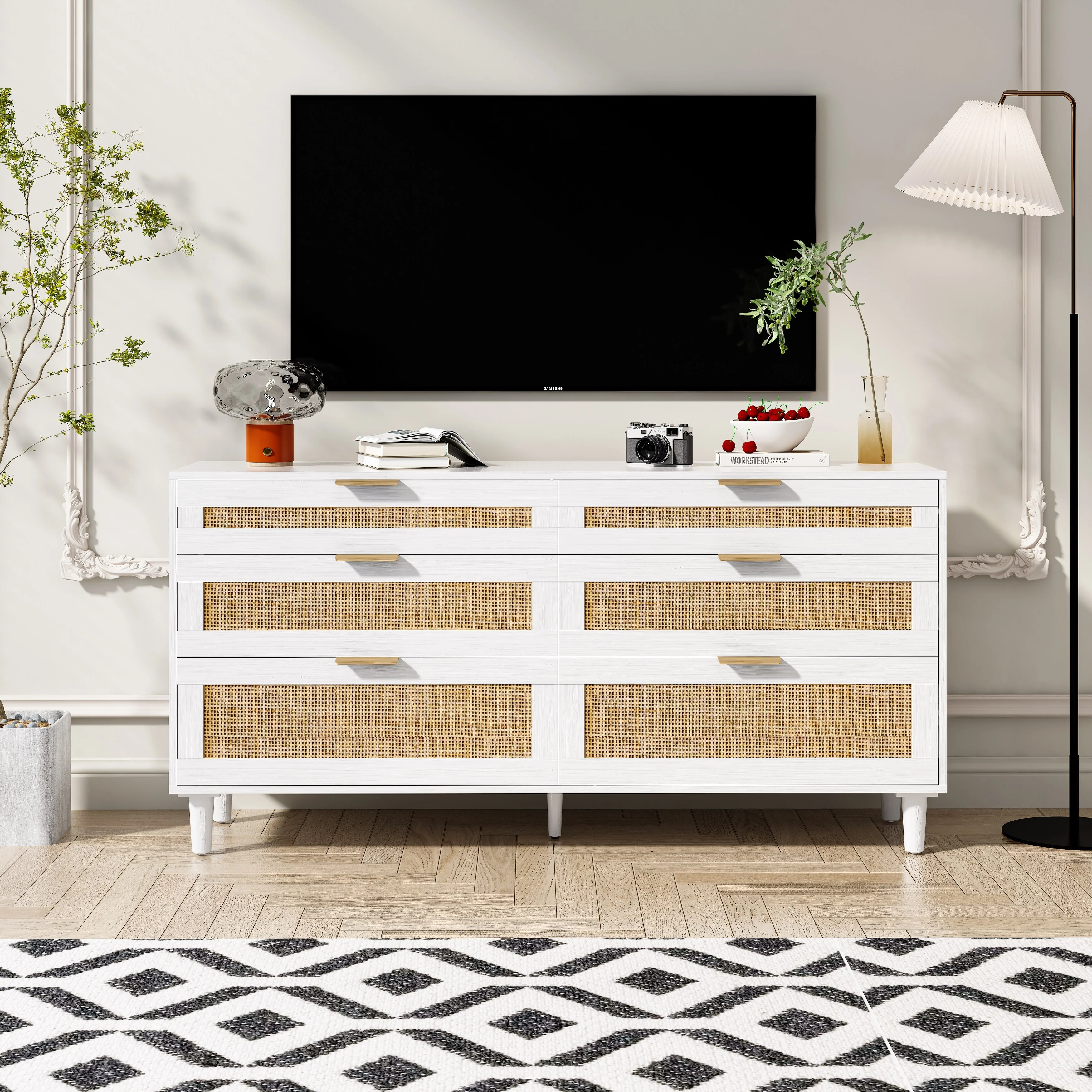 Rattan 6-Drawer Dresser with Metal Handle & Wood Legs