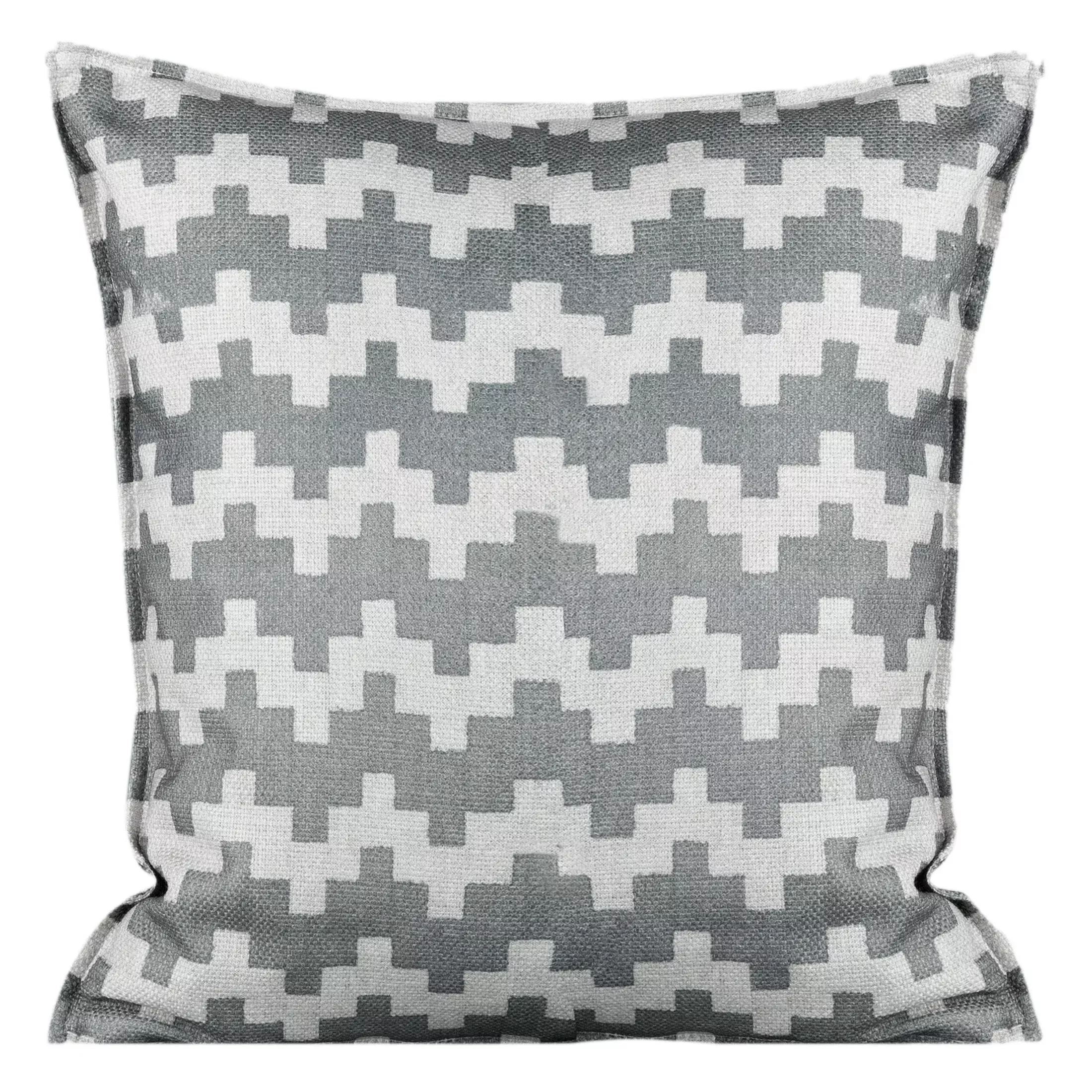 Poszewka na poduszkę 45x45 cm welwetowa stalowo, beżowa z geometrycznym nadrukiem i wypustką na brzegach GEO