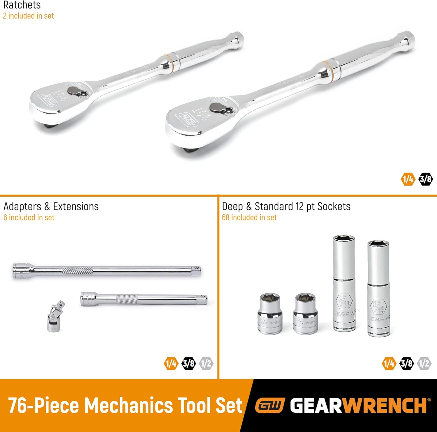 GEARWRENCH 76 Pc. 1/4 & 3/8 Drive 12 Pt. Standard & Deep Mechanics Tool Set, SAE/Metric - 80948