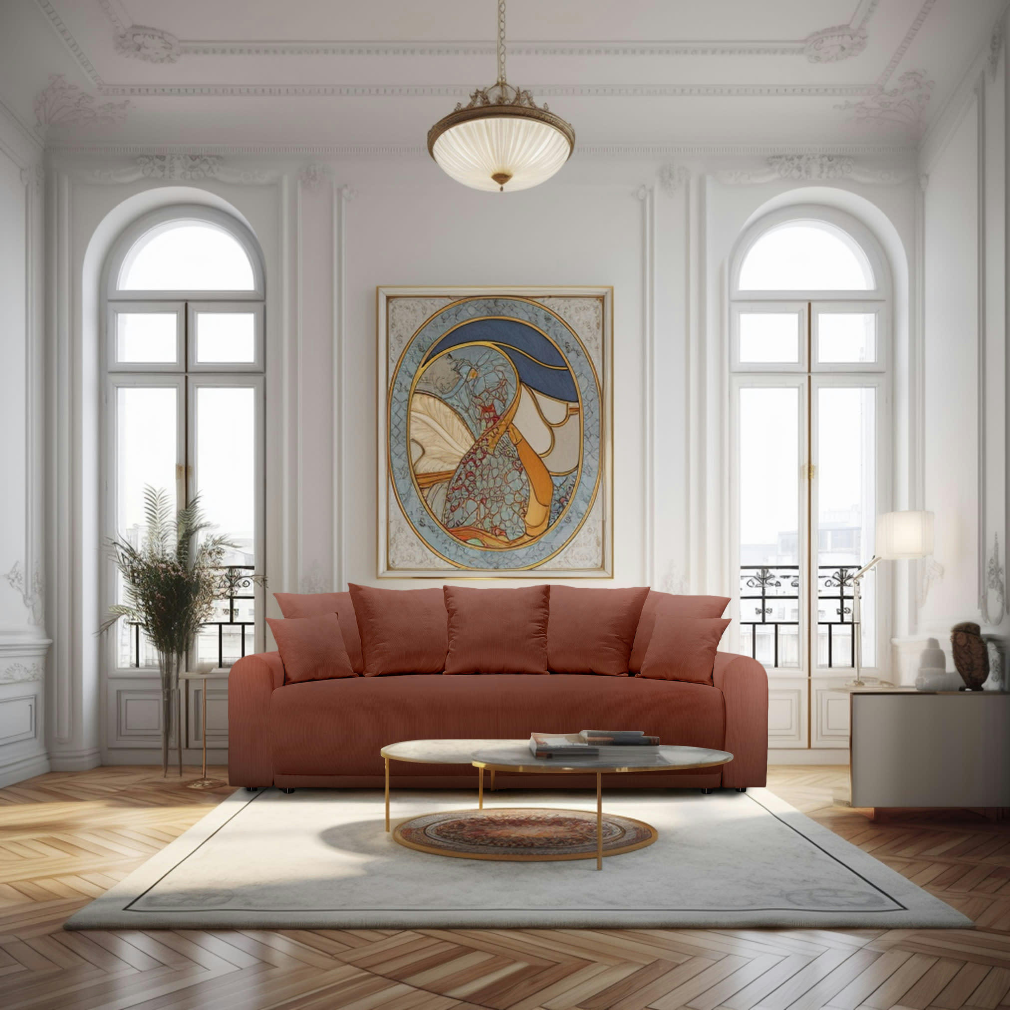 ODEON - Canapé droit convertible 4 places en velours côtelé terracotta