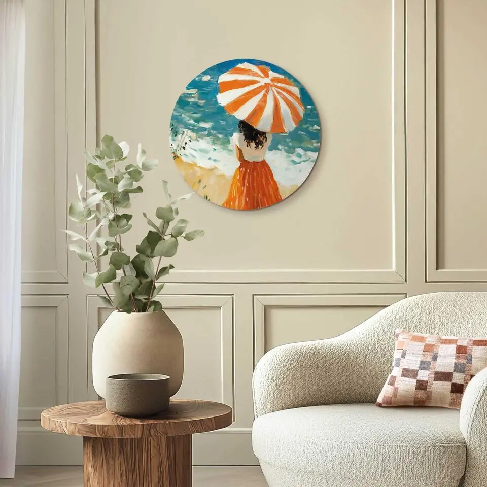 Glasschilderij Meisje met parasol - &Oslash; 50 - Oranje