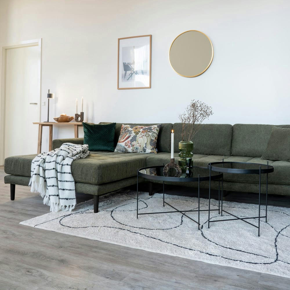 LIDO - Canapé d'angle gauche en tissu pieds noirs L290cm vert olive 4 places