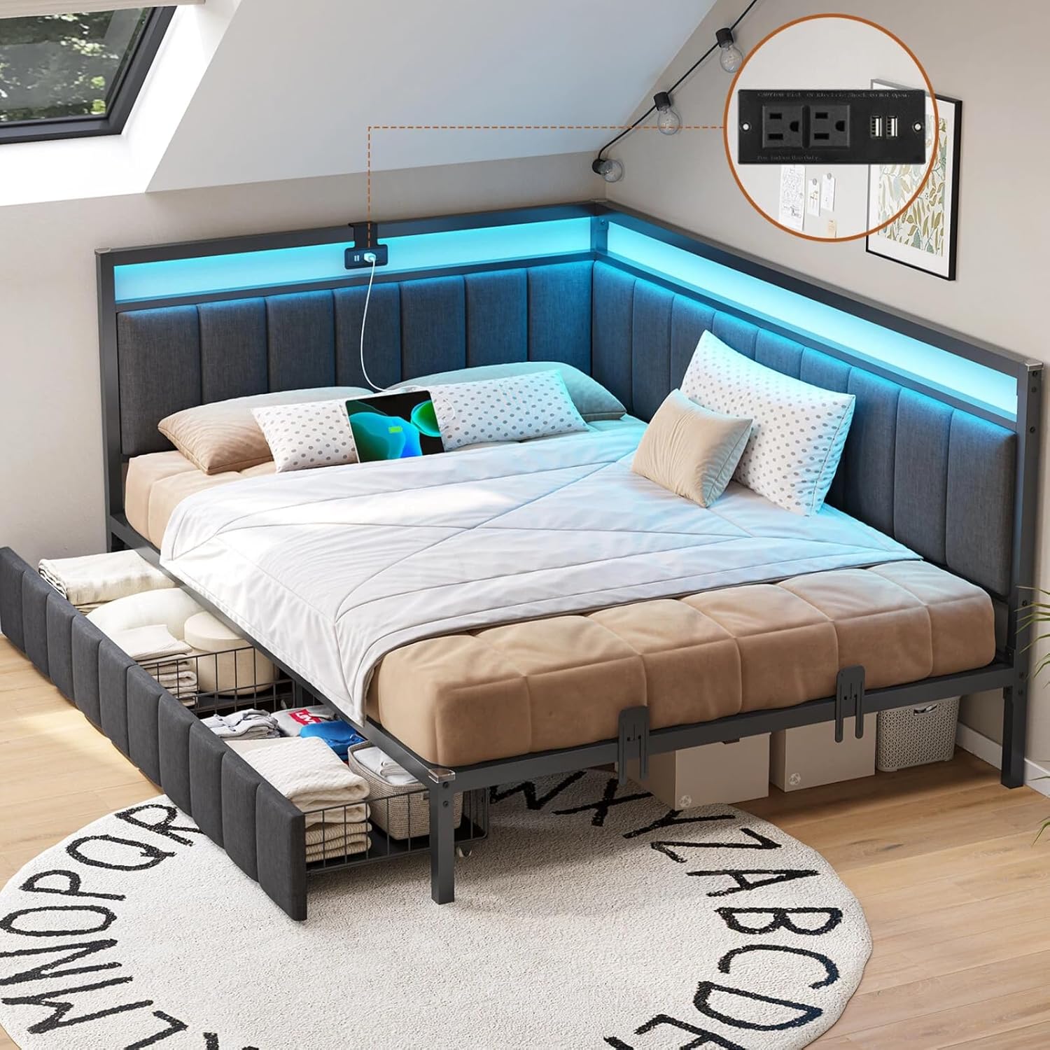 DICTAC Corner Full Bed Frame with 2 Storage Drawers and Charging Station Full Size Platform Bed Frame with Led Lights and Upholstered Guardrail Full Size Daybed for Teen/Adult with Storage,Gray