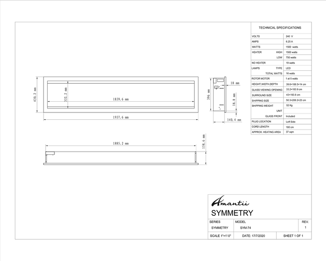 Amantii Smart 74" Clean face Electric Built-in with log and glass, black steel surround