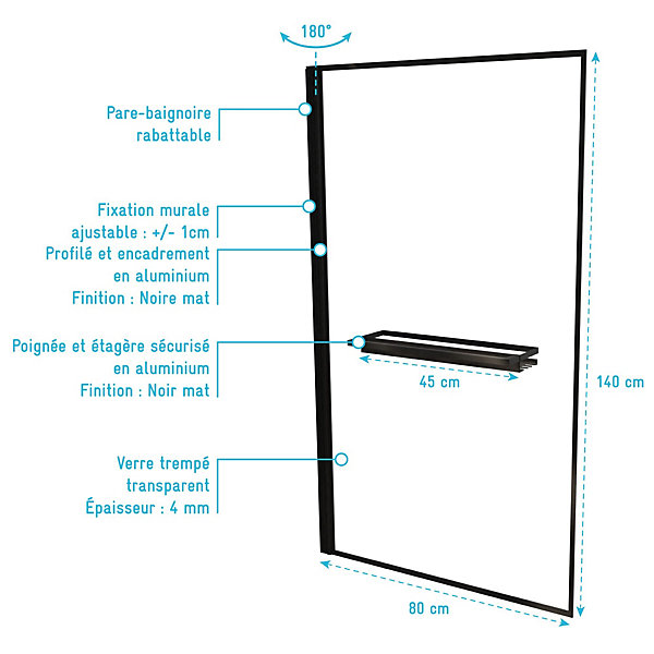 Pare baignoire pivotant l.80 x H.140 cm profilés noirs avec porte serviette et étagère, Galedo Edge