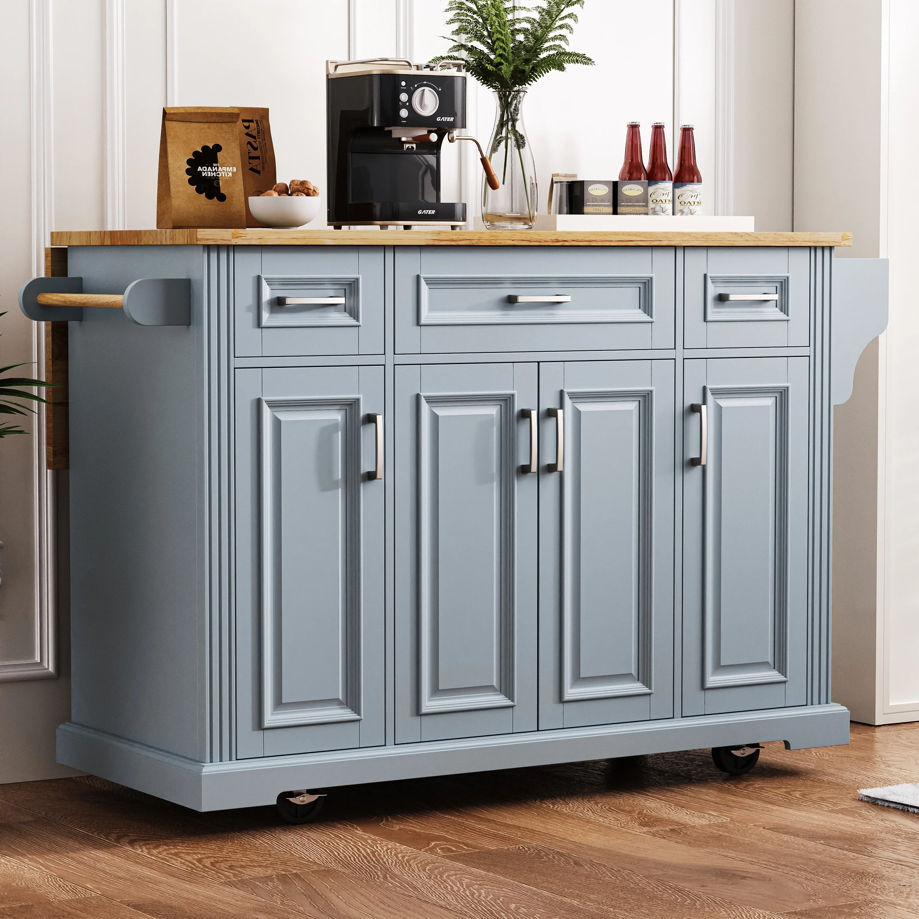 Large Kitchen Island with Drop Leaf, Rolling Kitchen Cart on 4 Wheels Moveable Kitchen Storage Carts with 4 Doors 3 Drawers