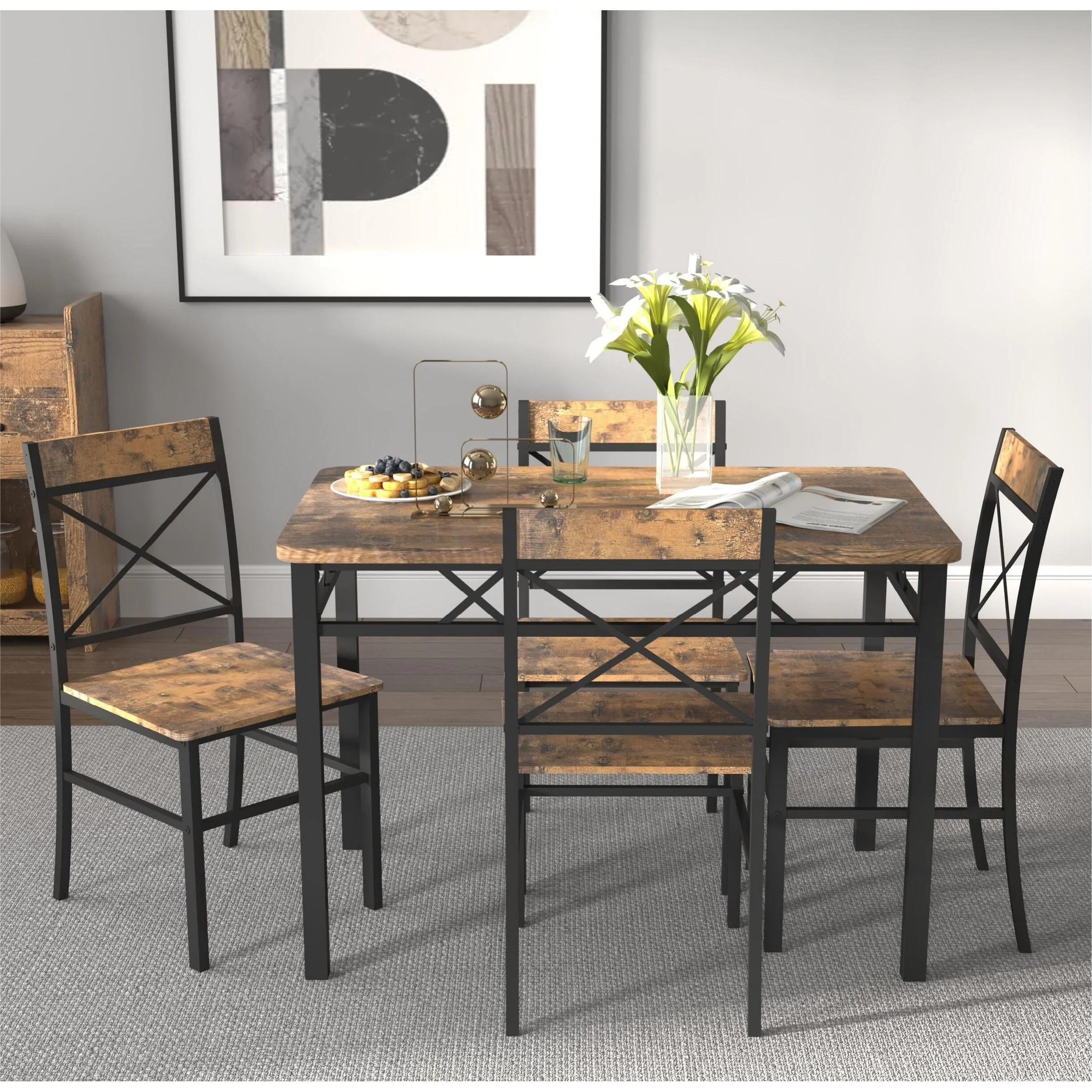 5 piece Space-Saving Dining Table Set，Rustic Brown Dining Table