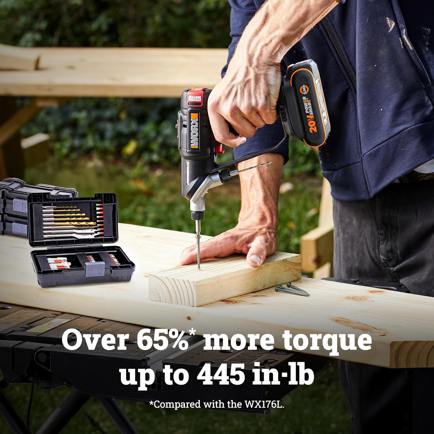 WORX WX177L.2 Cordless Drill Driver, 20V 445 in·lb Brushless Power Drill Driver, Powerful Drilling and Driving, 2-in-1 Design, 85 Bits, Battery and Charger Included, PowerShare