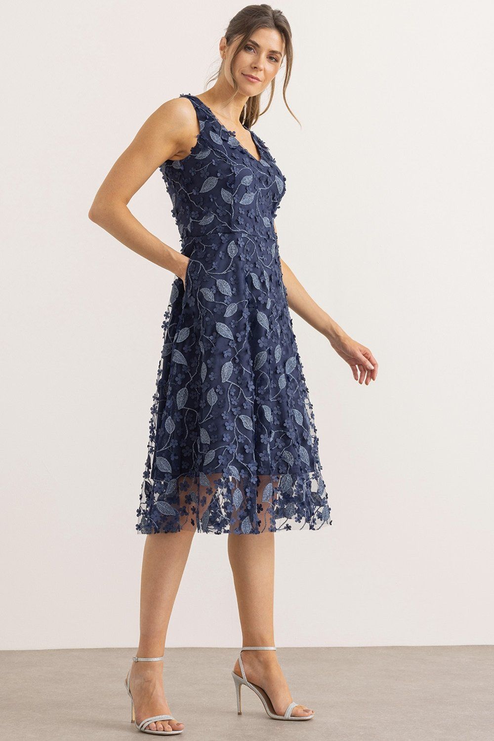 Klass. Sleeveless Floral Applique Shimmer Mesh Dress