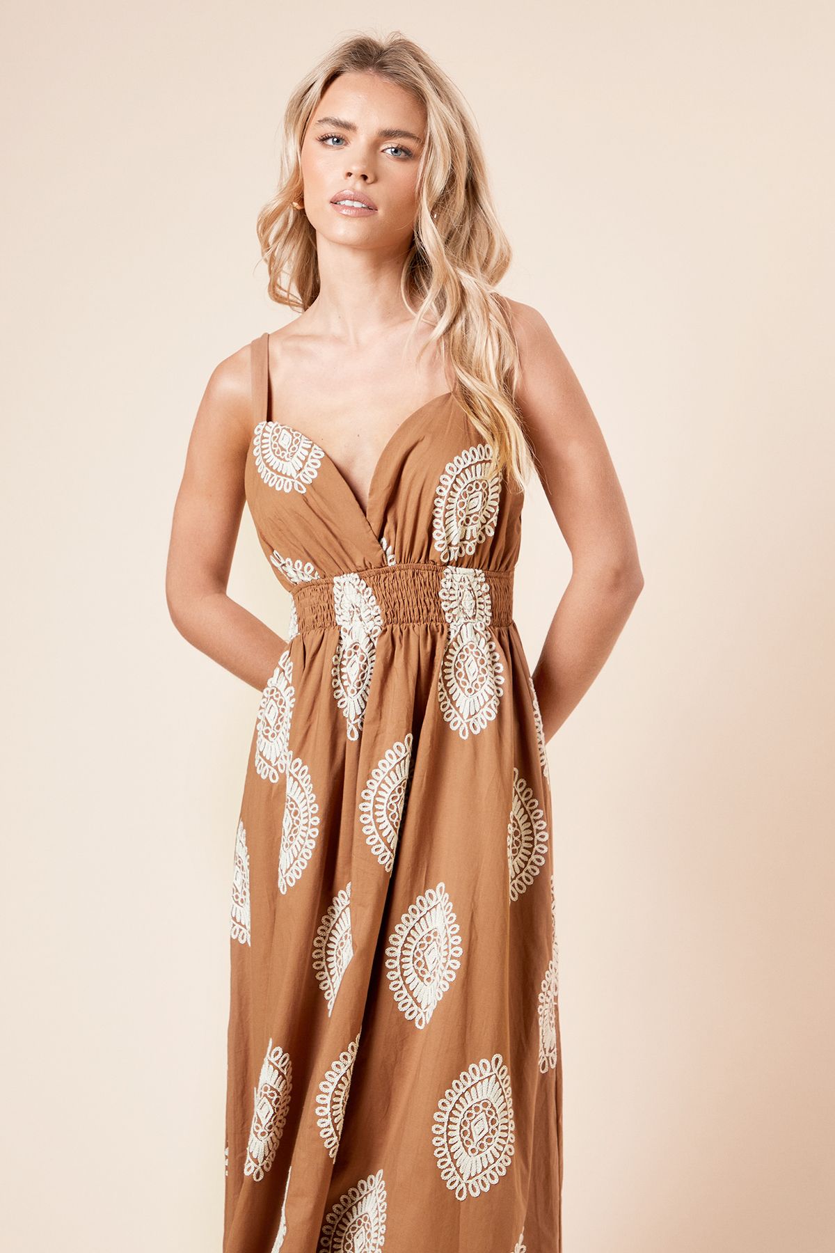 Dorothy Perkins Petite Brown Embroidered Midi Dress