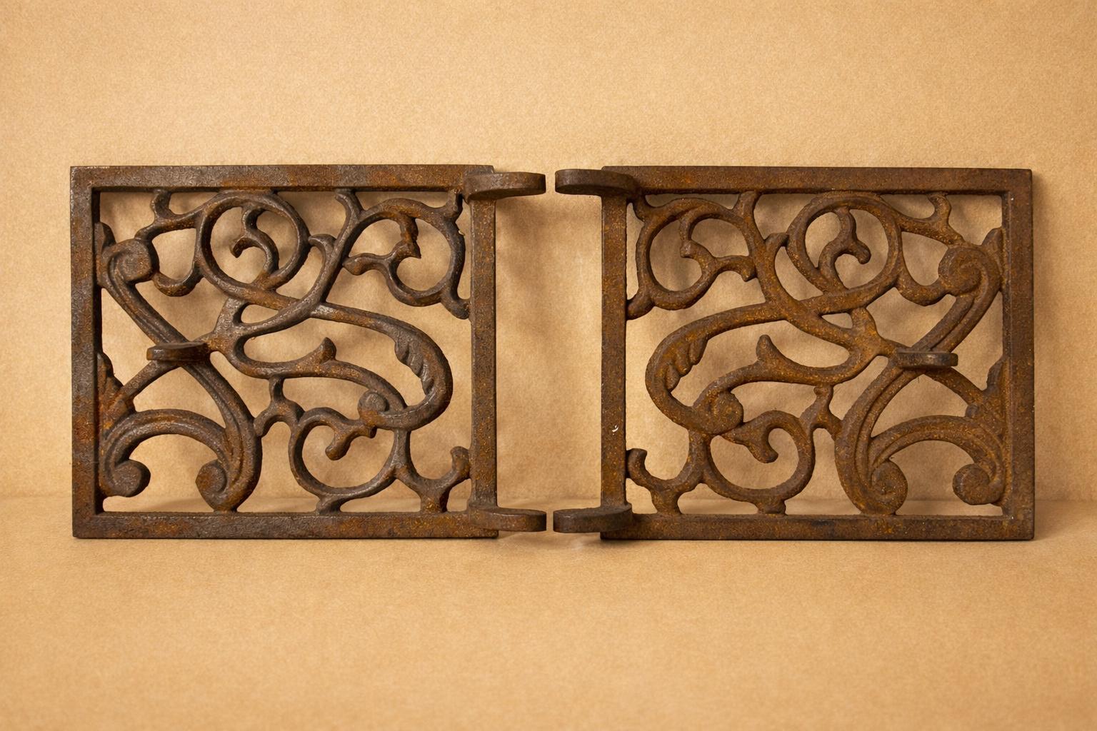 Vintage Cast Iron Fireplace Panels – Ornate Scrollwork Stove Doors, Rustic Architectural Salvage Style