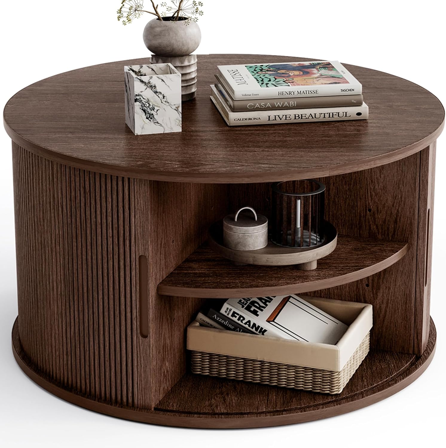 LINSY HOME Round Coffee Table, 31.5 Drum Coffee Table with Sliding Tambour Door, Fluted Accent Center Table with Storage, Mid Century Modern Coffee Table for Living Room, Walnut