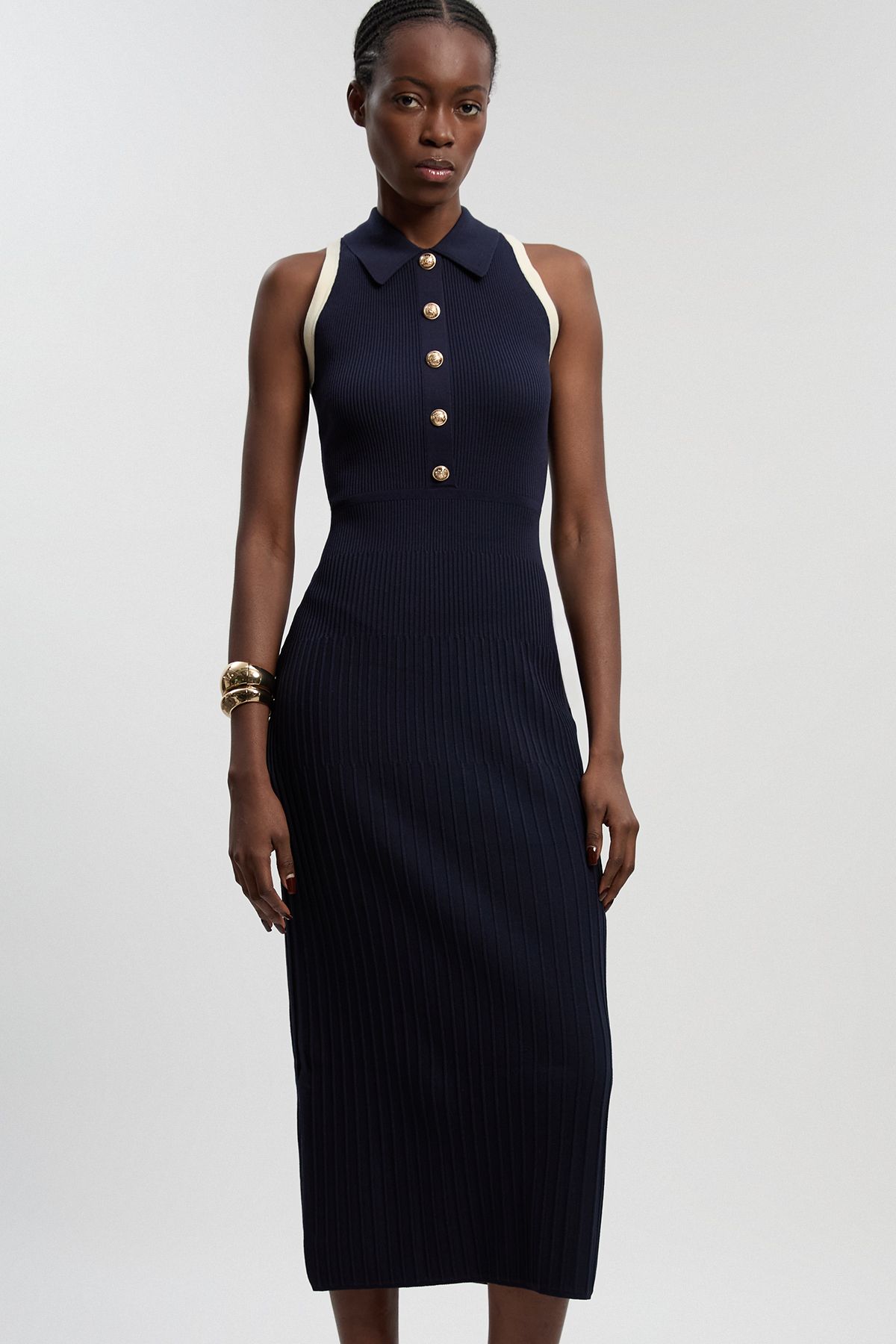KarenMillen Petite Rib Knit Military Colour Block Sleeveless Midi Dress