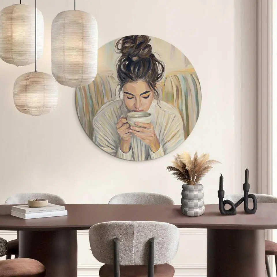 Glasschilderij Koffiepauze - &Oslash; 70 - Beige