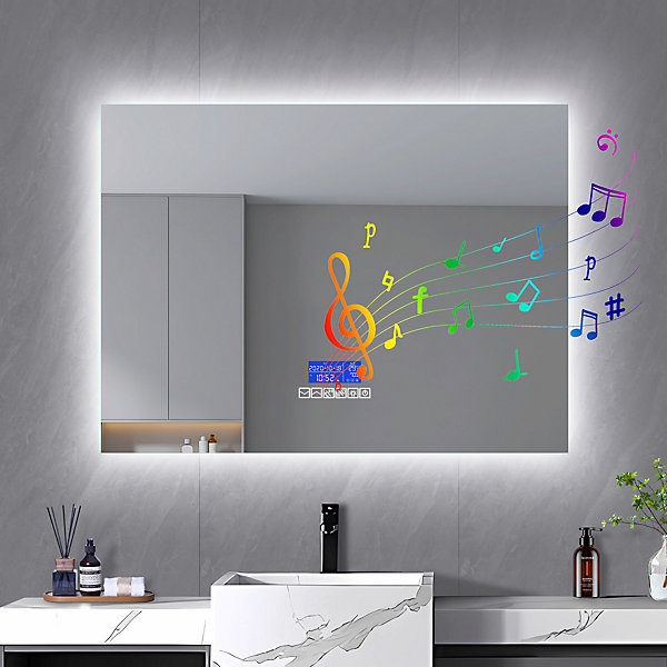 Miroir De Salle De Bain 80x100 Cm - Bluetooth, Affichage Température, Anti-buée, 6 Touches