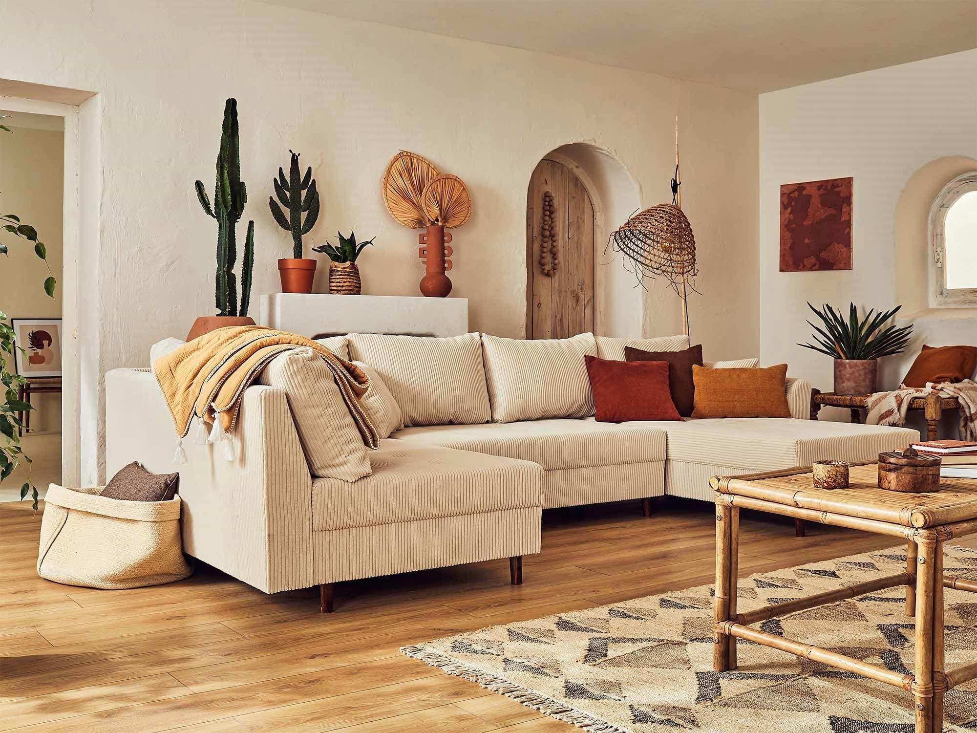 RUNE - Canapé d'angle gauche 7 places en velours côtelé beige