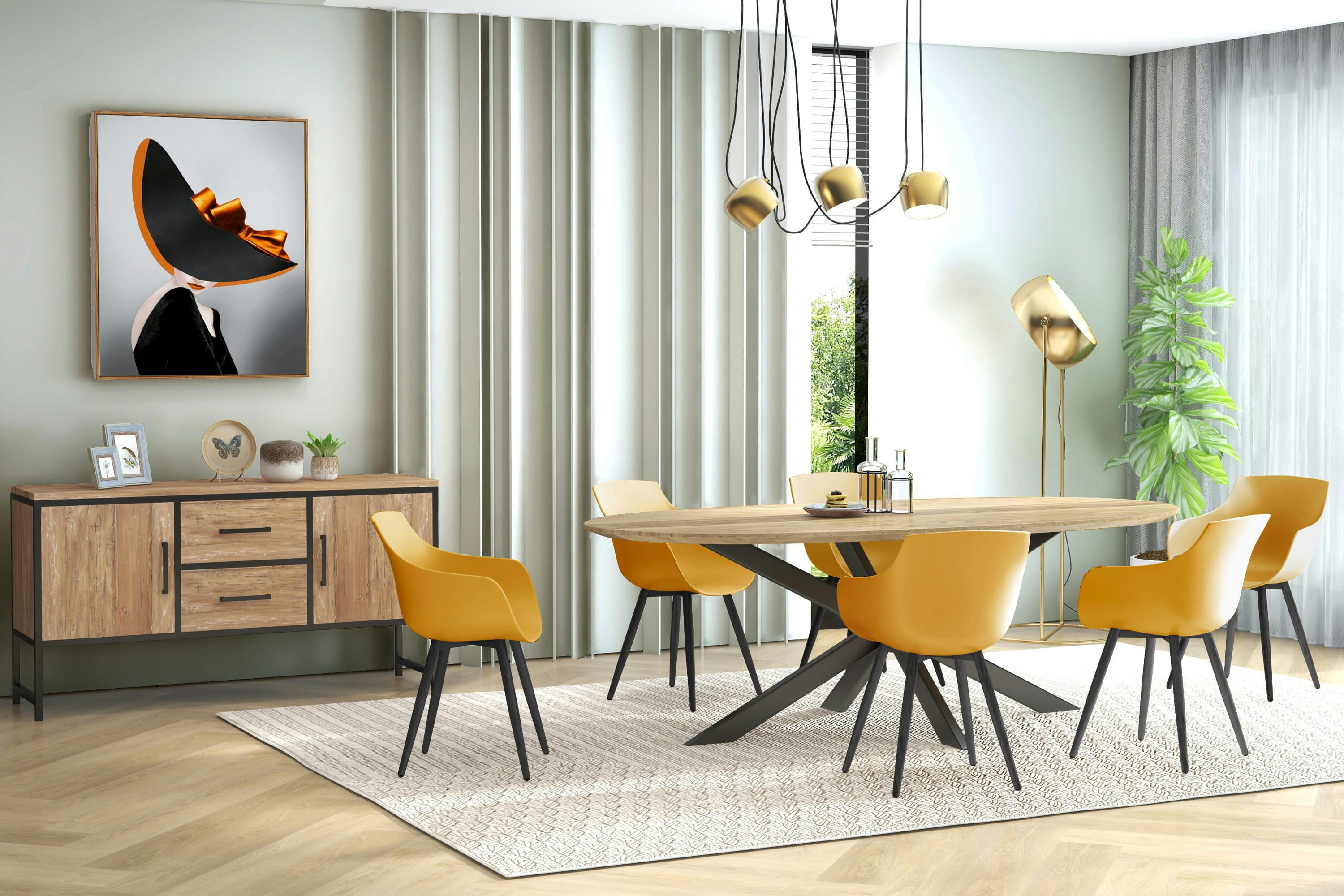 YANICE - Chaise Coque Moutarde, pieds métal noir (x4)