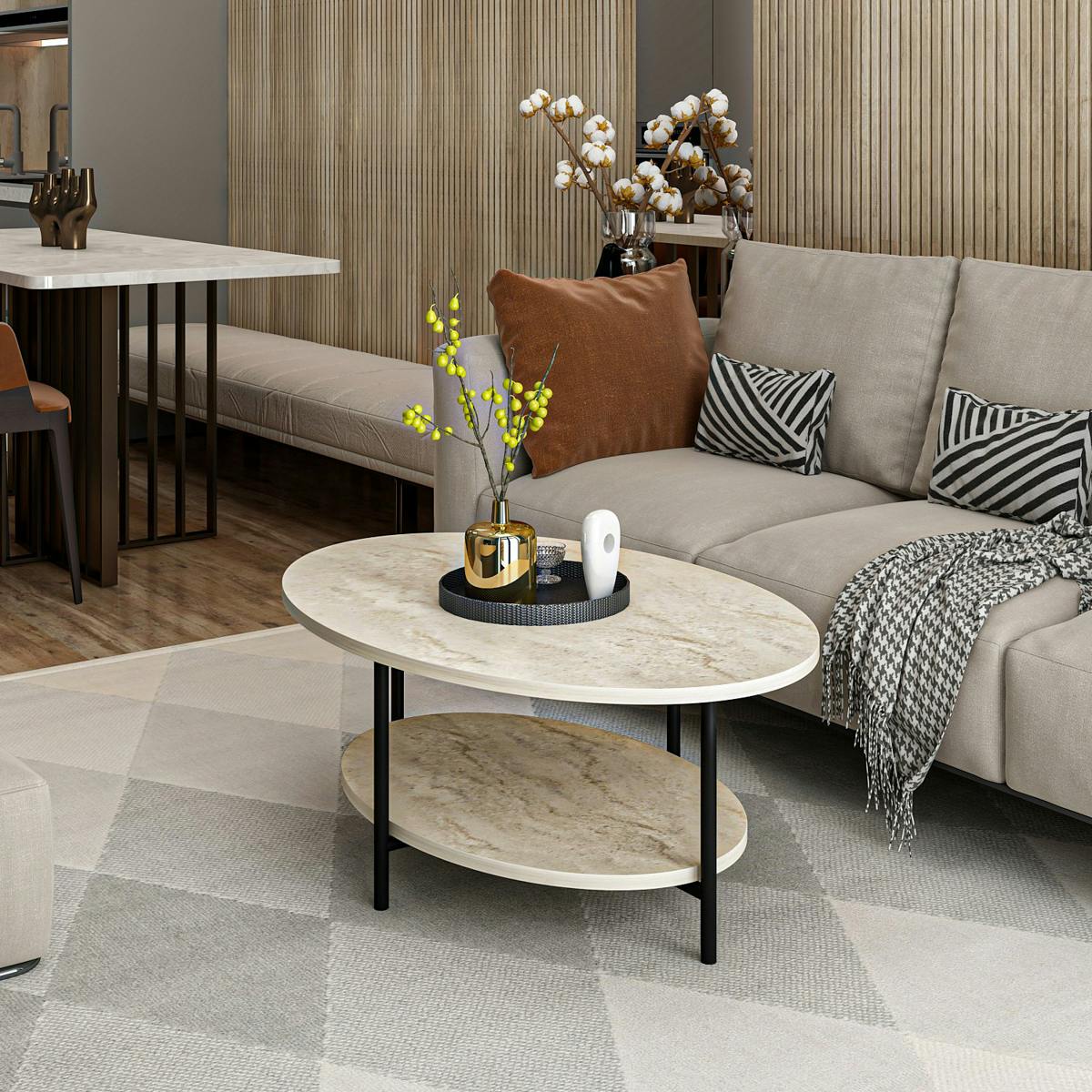 Table basse ovale double plateau effet travertin JENA